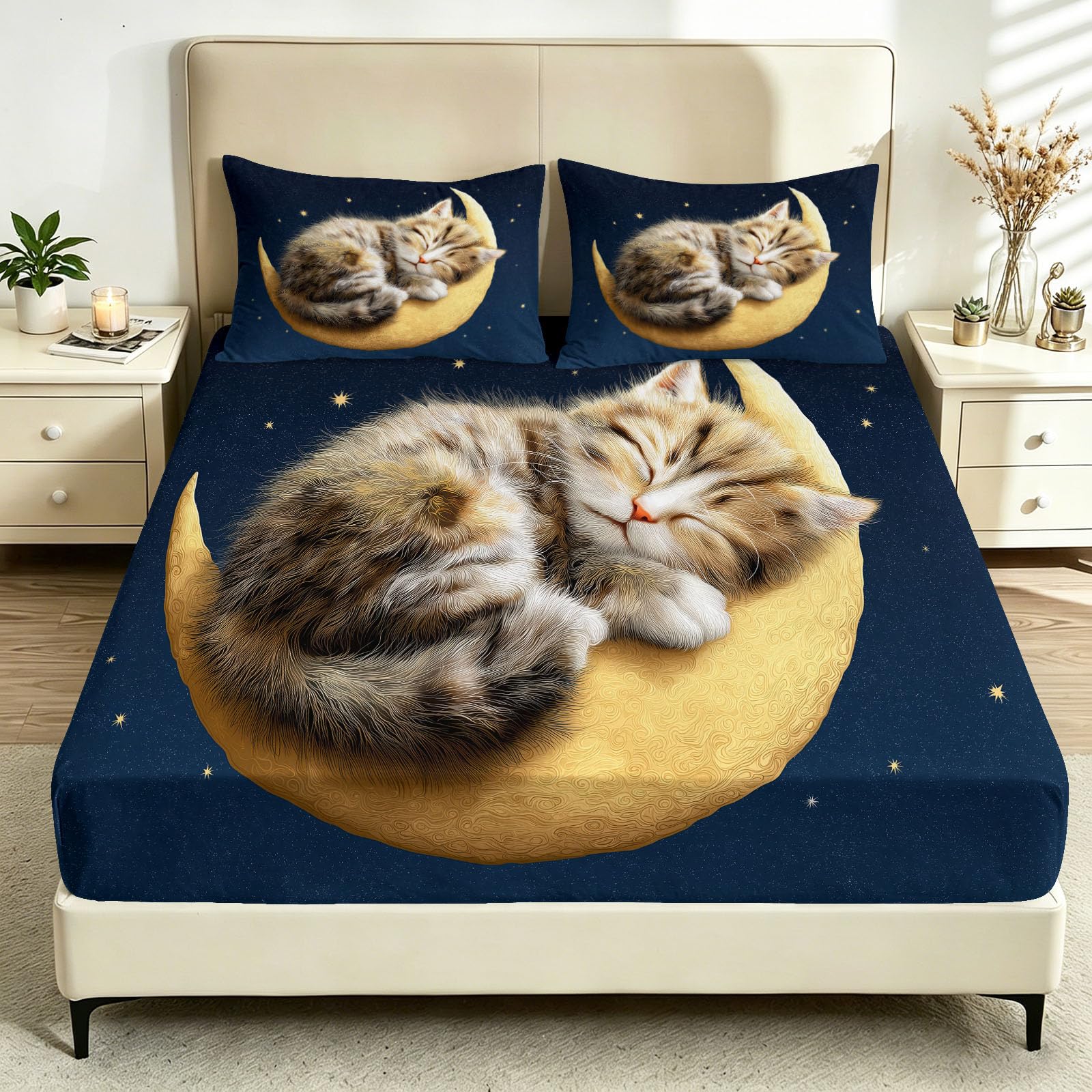 Sábana bajera ajustable de 180 x 200 cm, de fácil cuidado, 30 cm de profundidad, con luna y cielo estrellado, suave, transpirable, cómoda, para colchón Super King, color azul