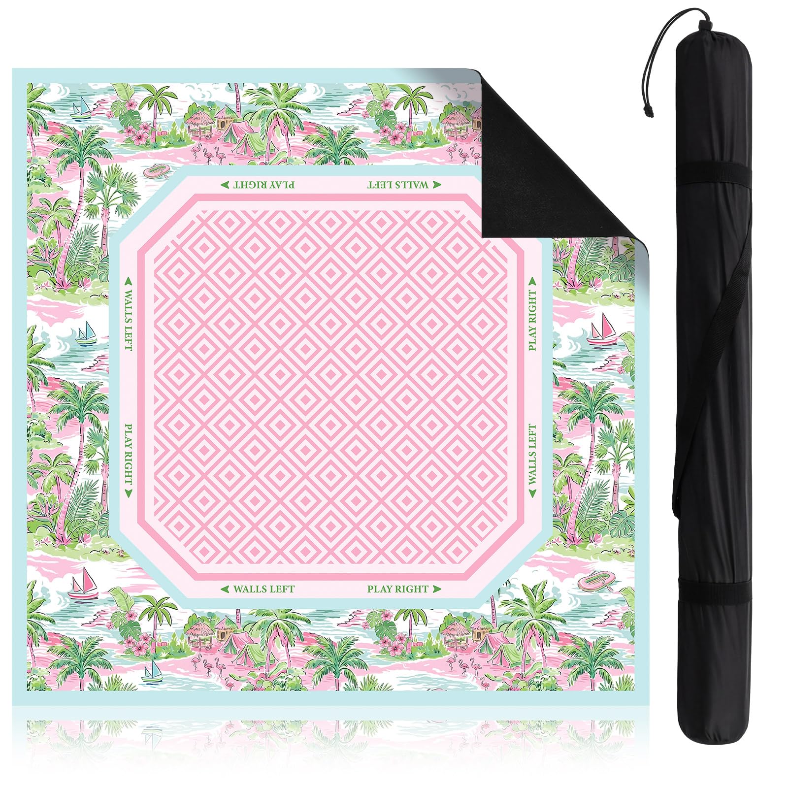 Pink American Mahjong Mat with Rules Anti-Slip Noise Reduction 31.5 x 31.5 Inch Tropical Beach Rubber Mat with Carrying Bag Gaming Mats for Mahjong Poker Card Board Games Dominoes