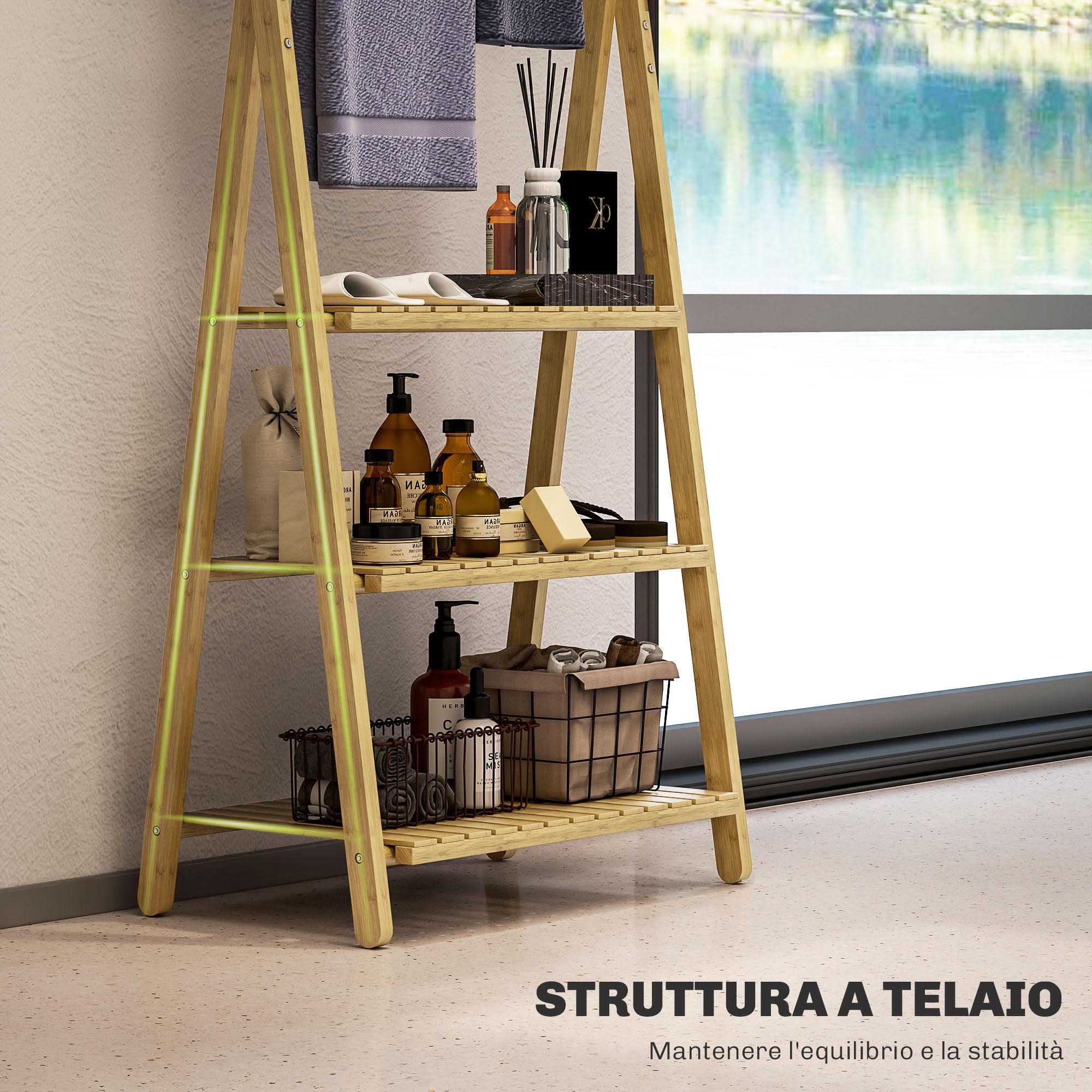 HOMCOM Scaffale Bagno con Porta Asciugamani, Mobile Bagno a 3 Ripiani con 3 Barre Portasciugamani Autoportante e Pieghevole, Legno di Bambù