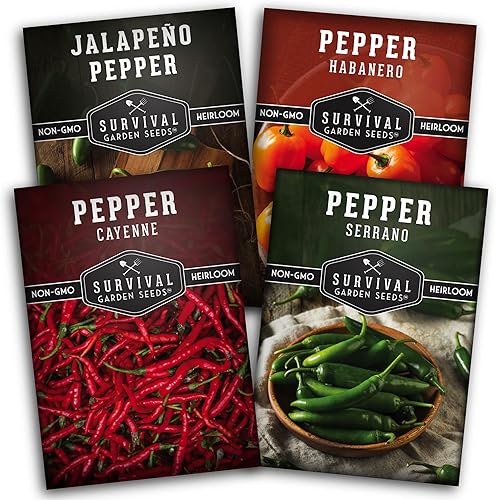 Survival Garden Seeds Bóveda de semillas de colección de pimientos picantes Cayena, Habanero, Jalapeño y Serrano Paquetes de semillas para cultivar