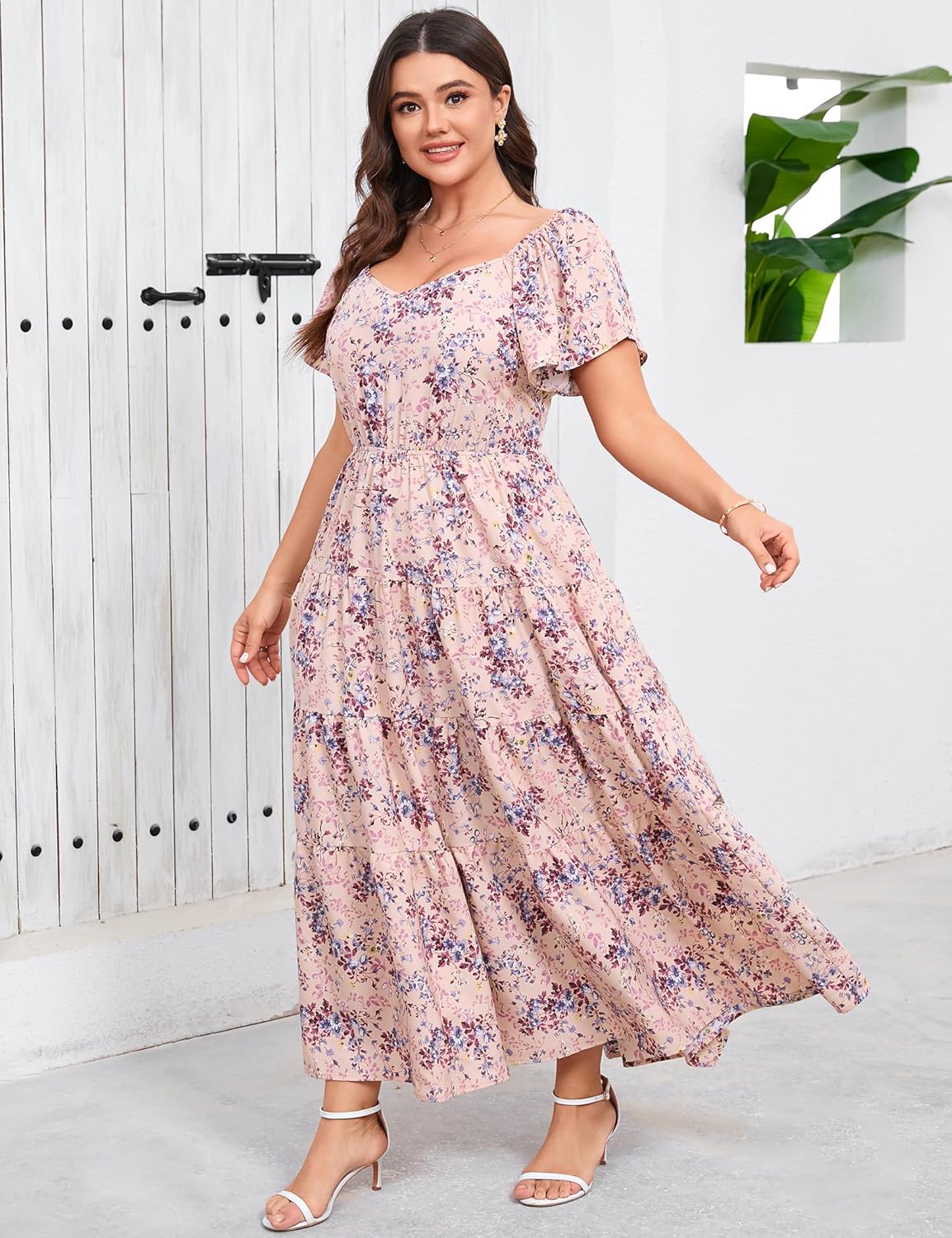 Women's Plus Size Summer Dresses Sweetheart Neck Ruffle Short Sleeve Casual Boho Floral Pleated Long Dress - Image 4