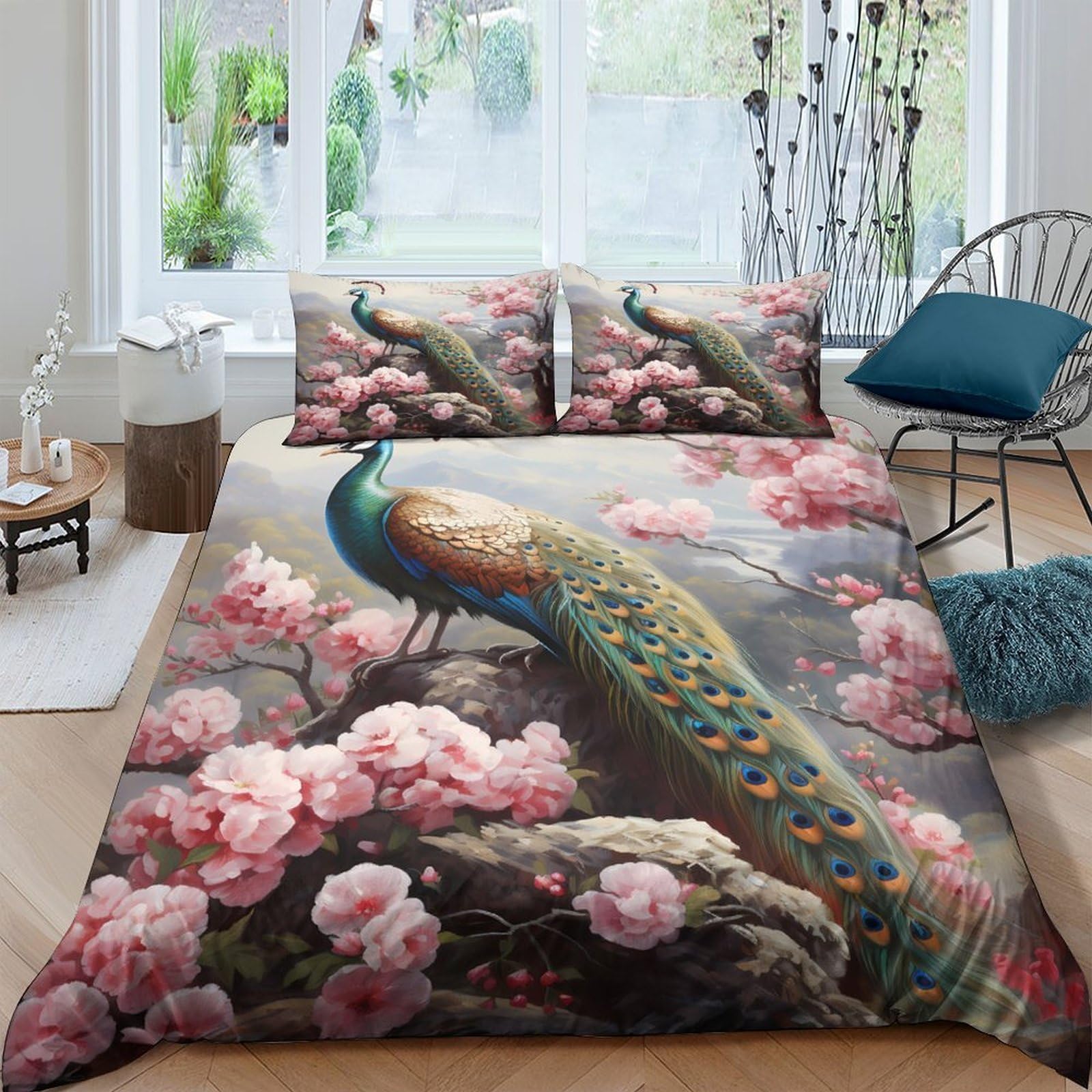 Ctjqhvkz Style-7 3D Printed Peacock Blossom Fitted Sheet Microfiber Soft Non Slip Mattress Cover For Bedroom Guest Room Decor Single（135X200cm）