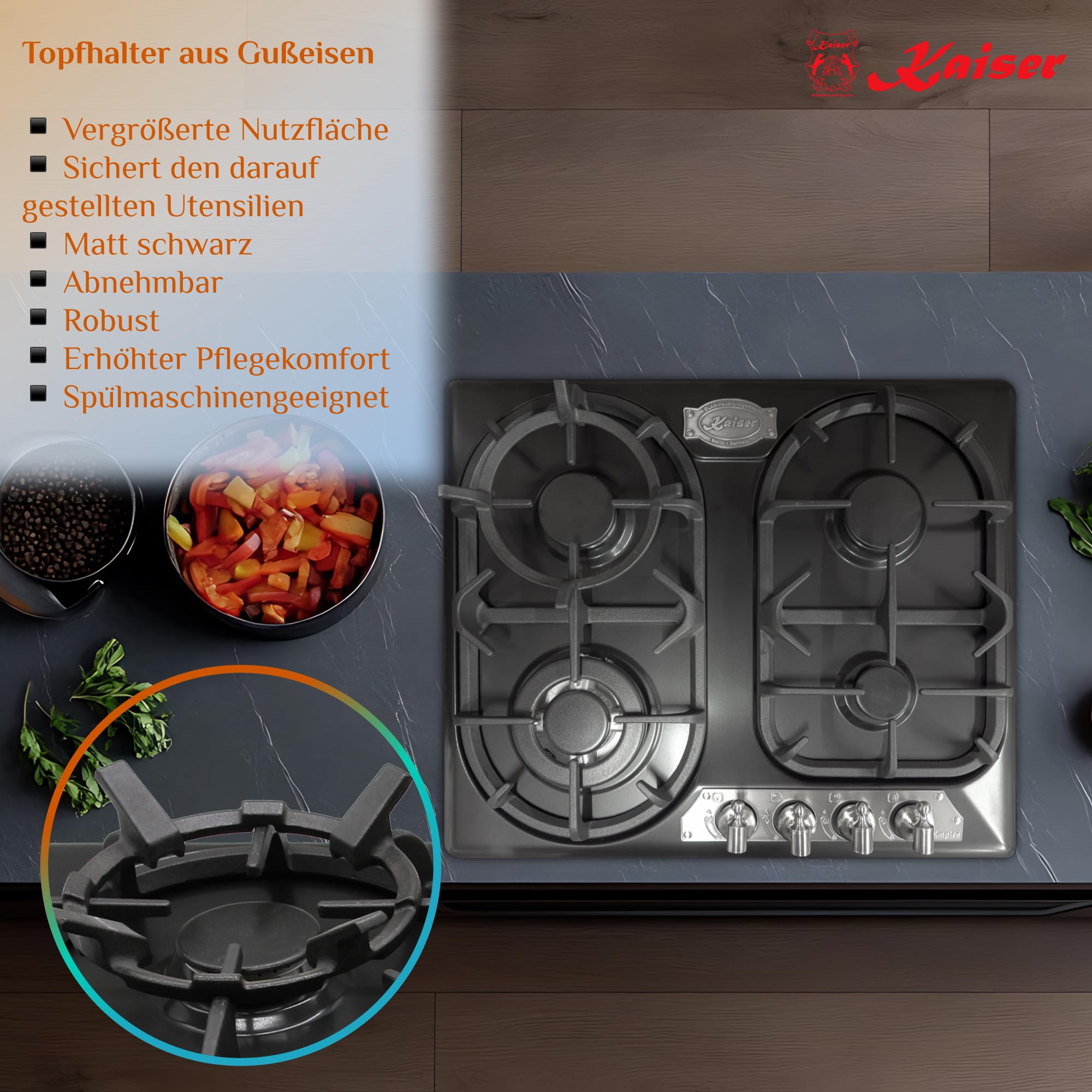 Kaiser Empire KG 6325 Em Sil Turbo ekskluzywna płyta kuchenna na gaz, 60 cm, autark antracyt, 4 wysokiej jakości palniki, WOK 3,8 kW, ergonomiczny knebel obrotowy, gaz ziemny i propan