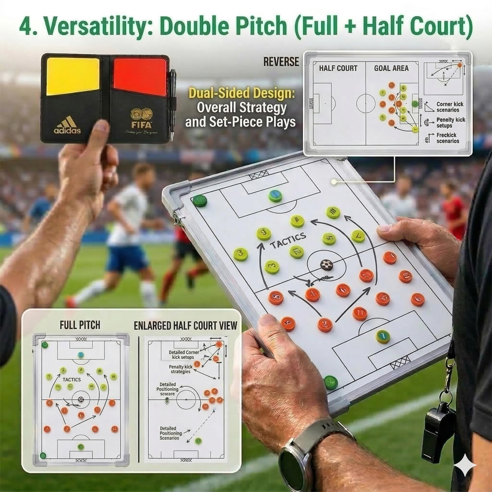 CREADY® Lavagna Allenatore di Calcio 44 x 31 cm, Cartella Tattica per Allenamento, Regali per Allenatori, Lavagna Magnetica Calcio, Lavagna Calcio Allenatore con Schede Magnetiche e Accessori