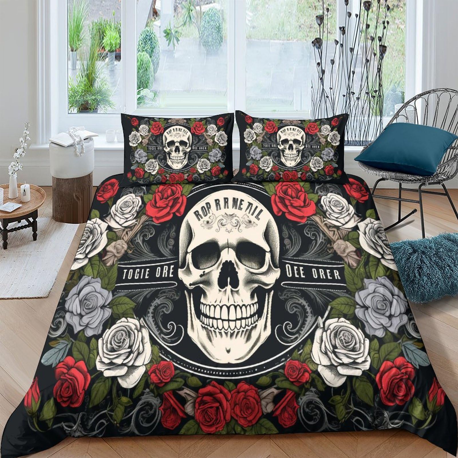 Housse de couette motif crâne microfibre douce et infroissable avec zip