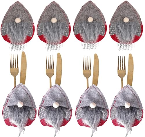 Juego de 8 soportes de vajilla de Navidad, gnomos, cuchillos y tenedores, fundas para Acción de Gracias, Año Nuevo, Navidad, fiestas, decoración de