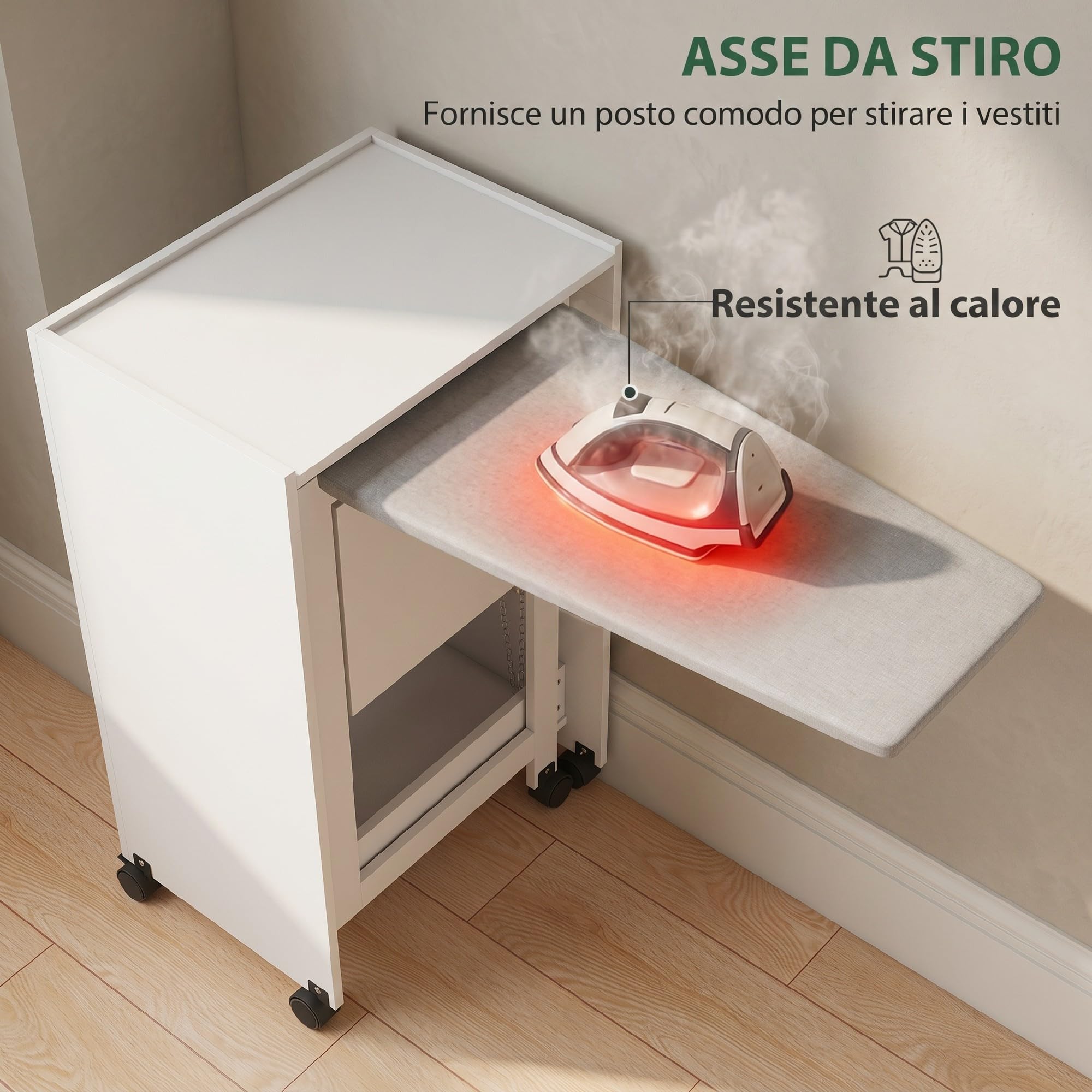 HOMCOM Mobile Asse da Stiro Pieghevole con Ruote e Portaferro da Stiro, Mobile da Stiro Multiuso con Ripiani, Vano Aperto, per Lavanderia, Bagno, 154x55x87 cm, Bianco