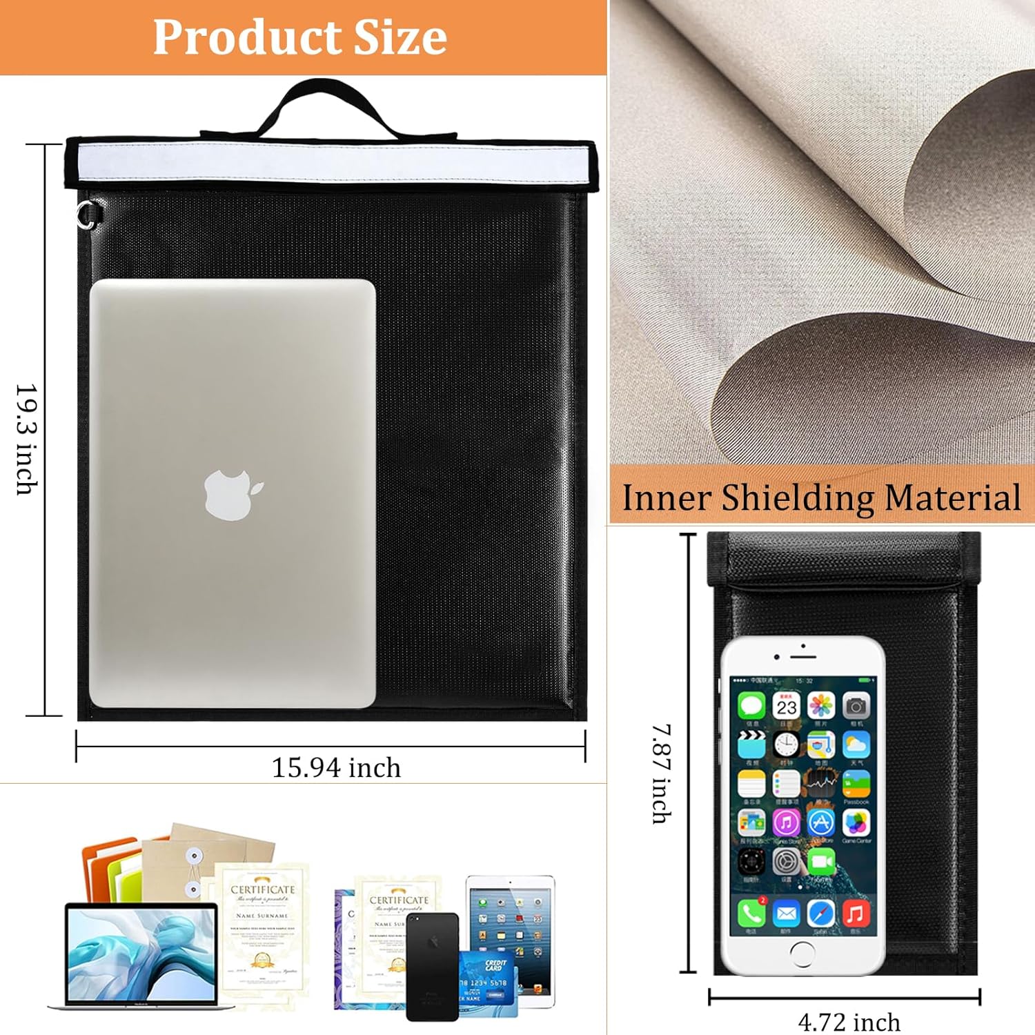 3Pcs Faraday Bags - Extra Large Faraday Cage with Handle + 2 Faraday Bags for Phones, Anti-Theft Faraday Key Fob Protector, Waterproof & Fireproof Faraday Pouch, RFID Signal Blocker Faraday Bag 2200℉