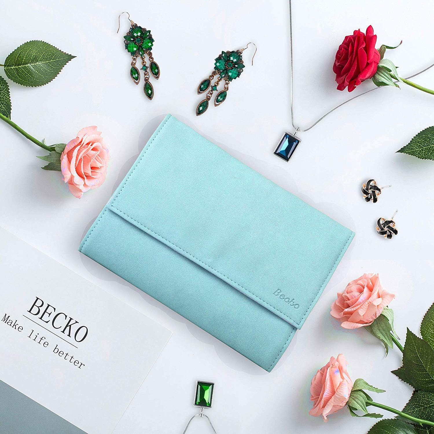 Becko US Jewelry Organizer Roll Travel Jewel Bag case for Multiple Necklaces, Rings, Bracelets, Supple Leather & Suede, Large Capacity Without Crease, Lightweight, Portable & Practical (Blue) - Image 6