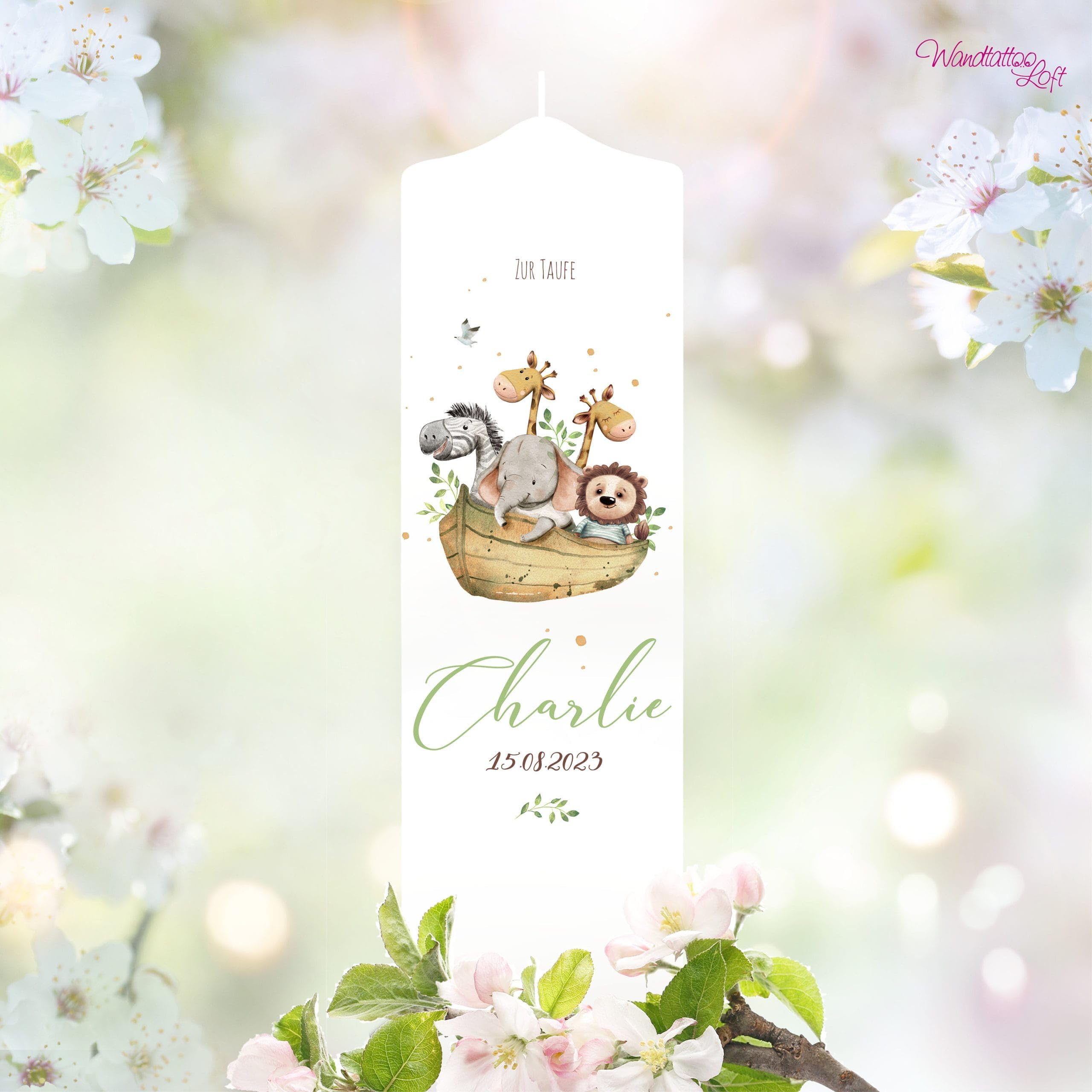 Bougie Baptême personnalisée Fille Garçon motif Arche de Noé et Animaux – Cierge Baptême avec prénom, date et message – Bougie imprimée – cierge personnalisé – 25 x 7 cm