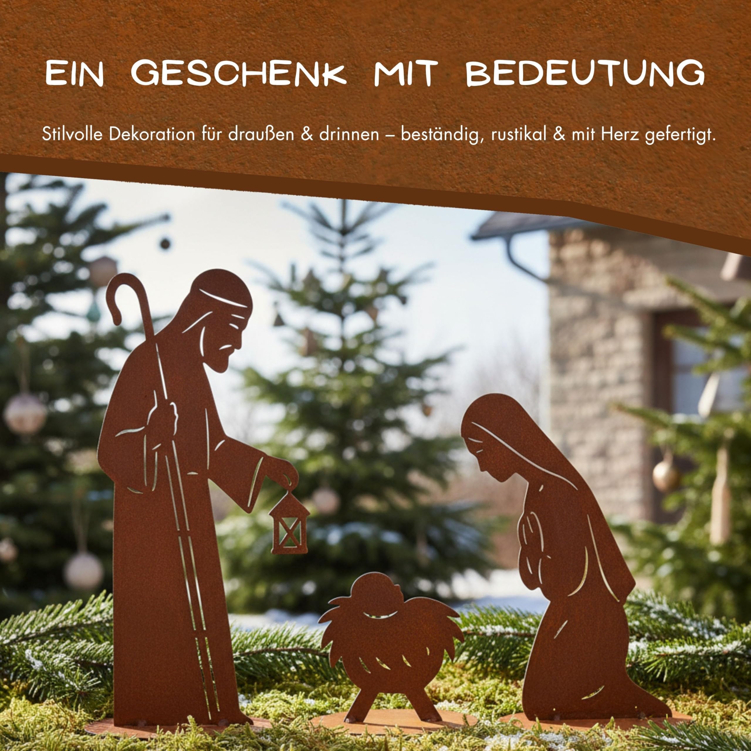 Rostikal Weihnachtskrippe XXL 3-teilig – Edelrost Krippe aus Metall mit Laterne, Maria Josef & Jesus – wetterfeste Gartendeko Weihnachten auf Standplatten, handgefertigt in Bayern