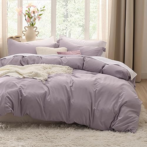 Bedsure Dusty Purple Duvet Cover Queen Size - 3 Pieces Prewashed Cotton-Like Extra Soft Bedding Set, Includes 1 Duvet Cover 90x90 Inches with Zipper Closure & 2 Pillow Shams, Comforter Not Included - Queen (90" x 90") - 06 - Dusty Purple (No Comforter)
