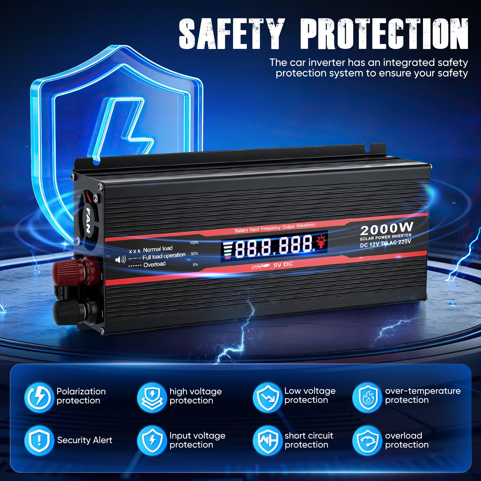 2000W Convertisseur 12V 220V/230V Pur Sinus Transformateur avec Prise EU de Courant Alternatif, Port USB, écran LCD,Allume Cigare Prise Electrique pour Voiture, Camping, Voyage, Panneau Solaire
