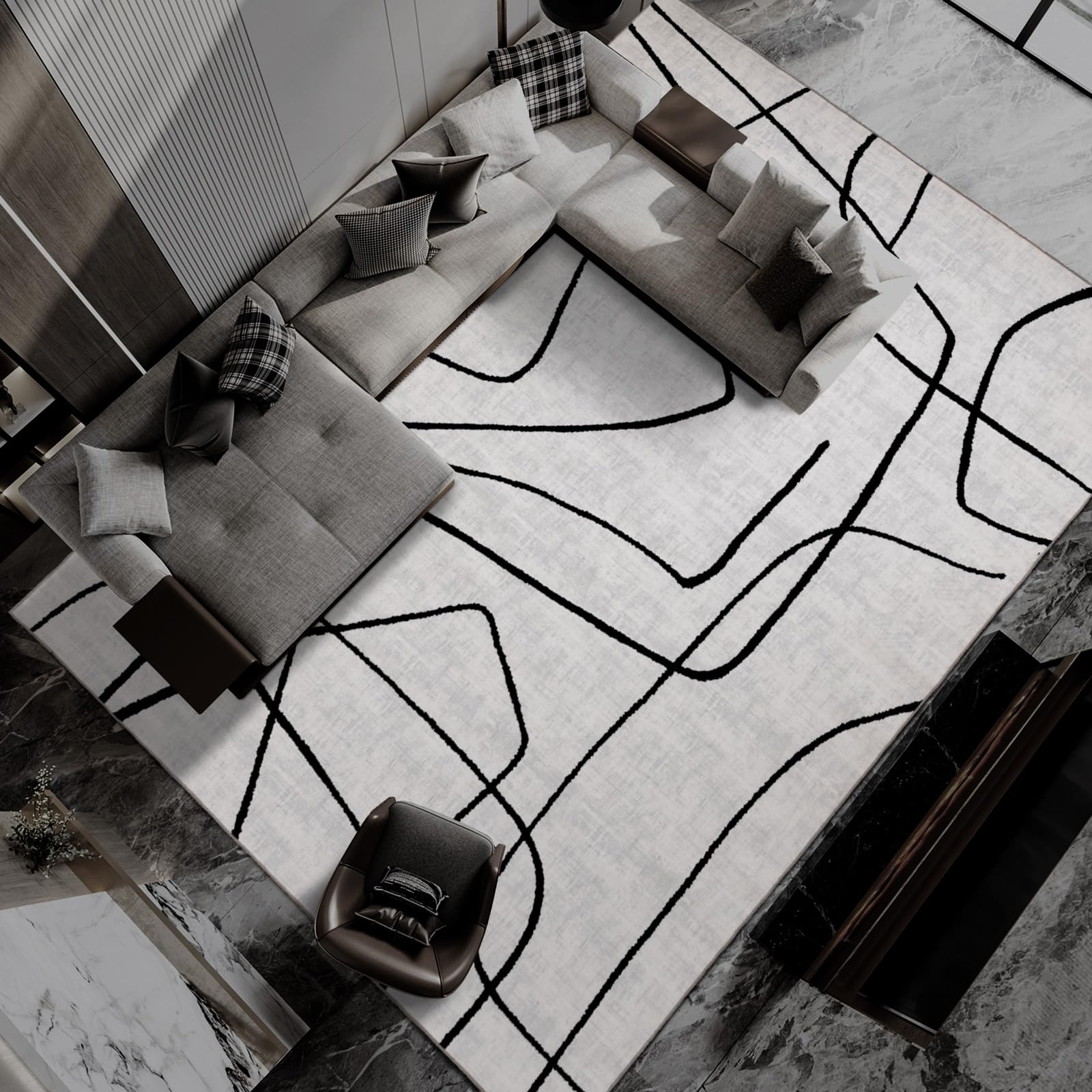YIHOUSE Modern Washable Area Rug for Living Room Bedroom - Large Abstract Black and White Rug Non-Slip Ultra-Thin Home Decor (Abstract, 9'x12')