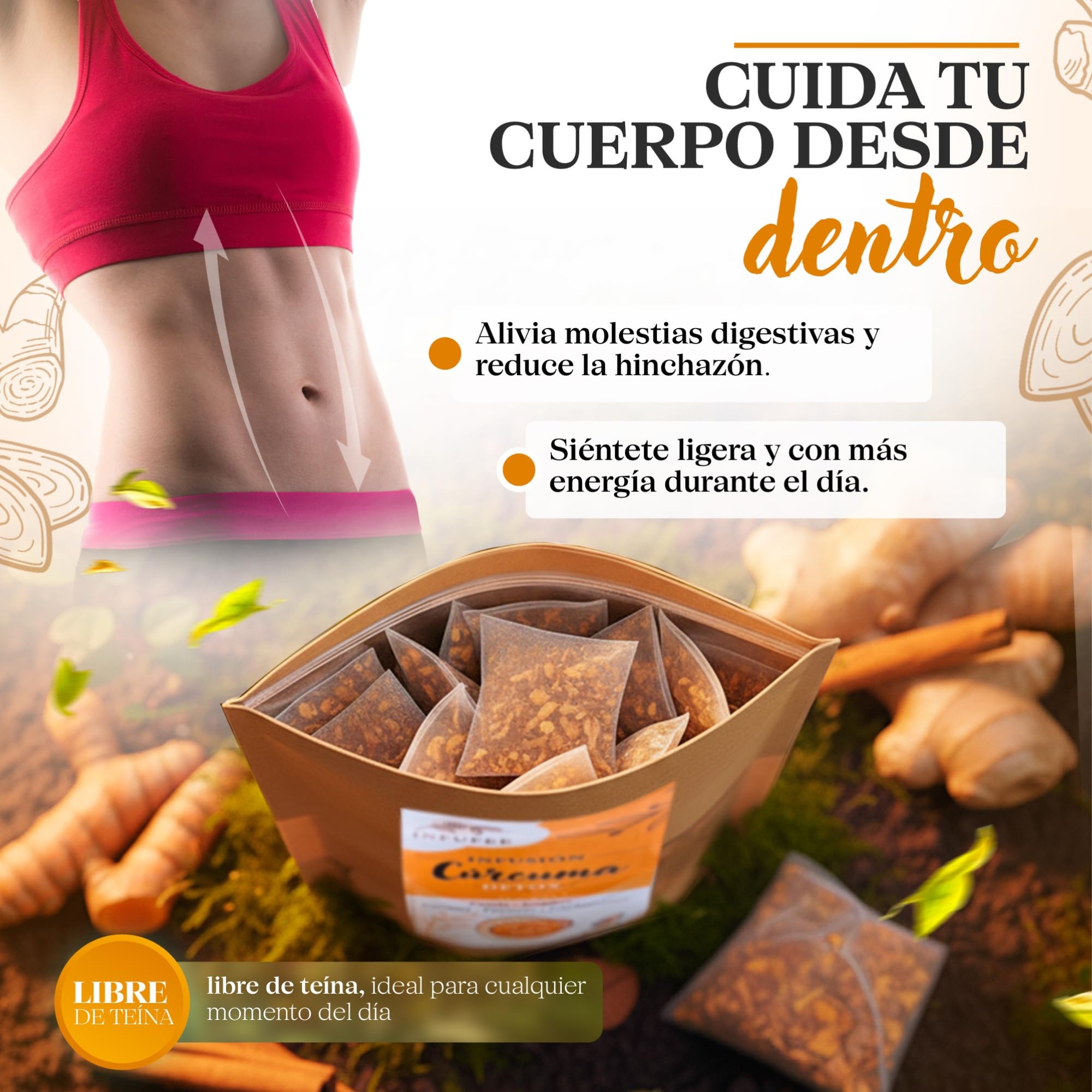 Infusión Detox de Cúrcuma y Jengibre - Té Antioxidante y Antiinflamatorio con Pimienta Negra, Canela y Cardamomo - Plan Adelgazante Natural 15 Dias- Infusión Sin Teína para Dieta Depurativa