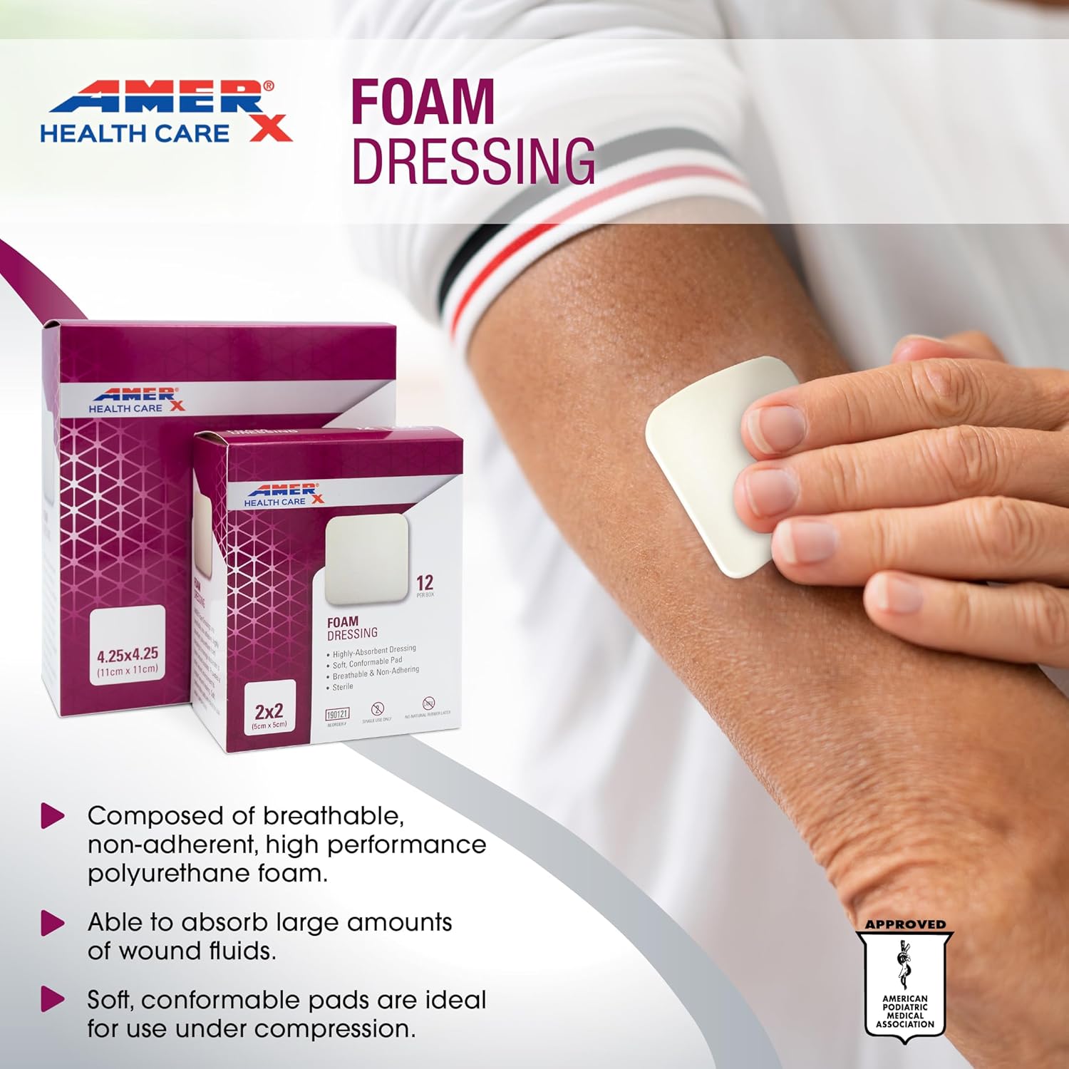 AMERX Foam Dressing - Wound Dressing Pads - Waterproof Barrier - Breathable, Self-Adhesive Border - 12 Count Per Box