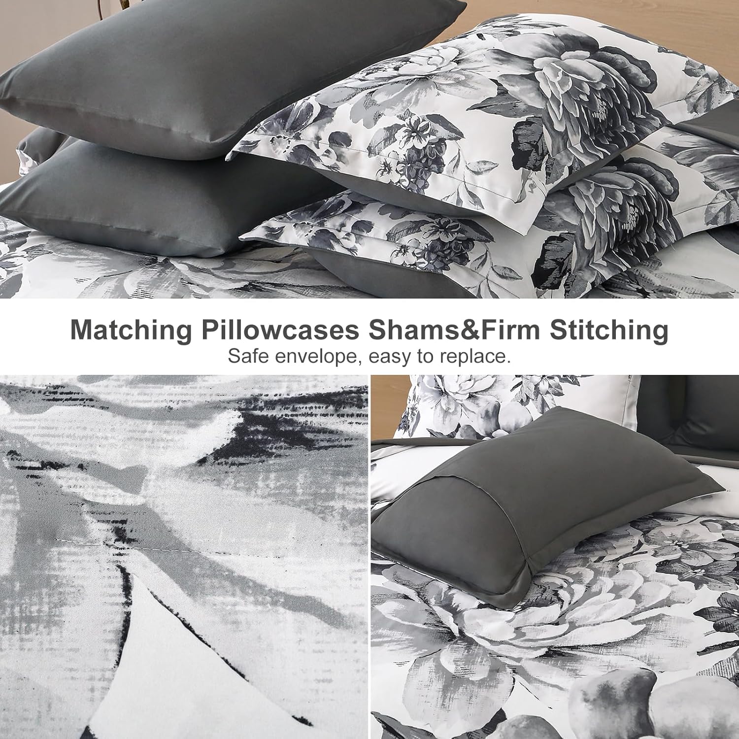 Dintszyayue Floral Comforter Set Queen Size 7 Piece Grey Flower Bed in a Bag Lightweight Comforter Set with Sheets,Complete Soft Microfiber Bedding Set for All Season - Image 5