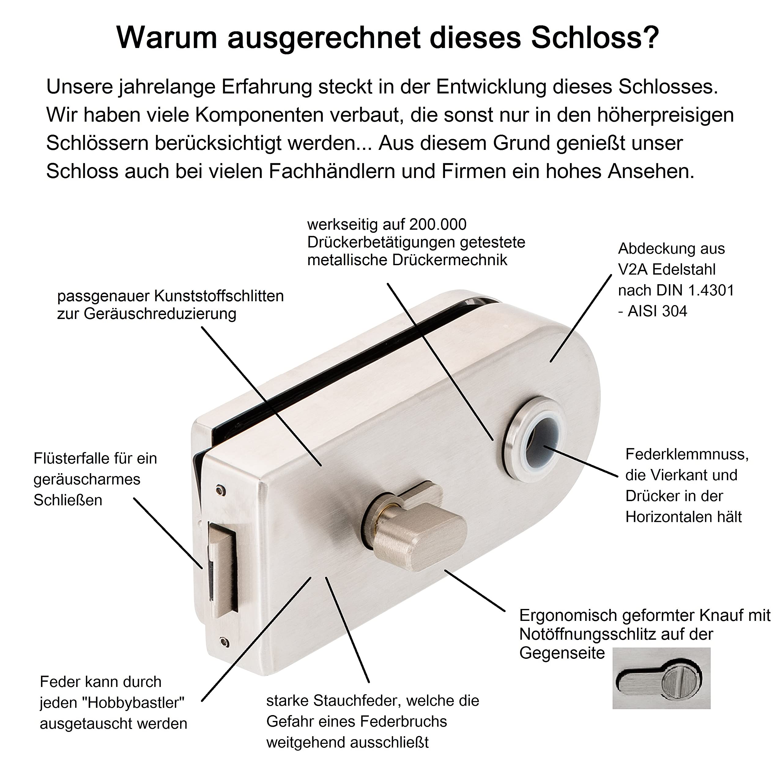 Glastürschloss D WC | V2A Edelstahl matt | metallische Innenmechanik (einwärts öffnend)
