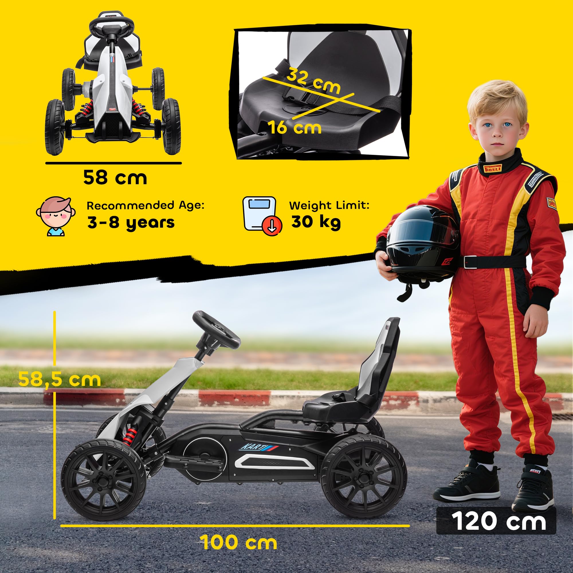 HOMCOM Kart électrique pour Enfant 12V - Vitesse 3-5km/h pour Enfants de 3 à 8 Ans - siège réglable Ceinture de sécurité et 5 Roues - Blanc