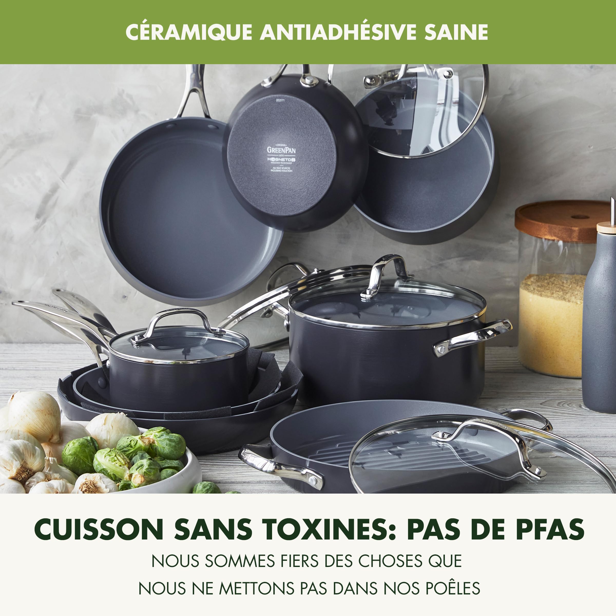 GreenPan Valencia Pro Casseroles 16 cm et 20 cm en céramique anodisée dure antiadhésive, 2 pièces, sans PFAS, induction, lave-vaisselle, four, gris