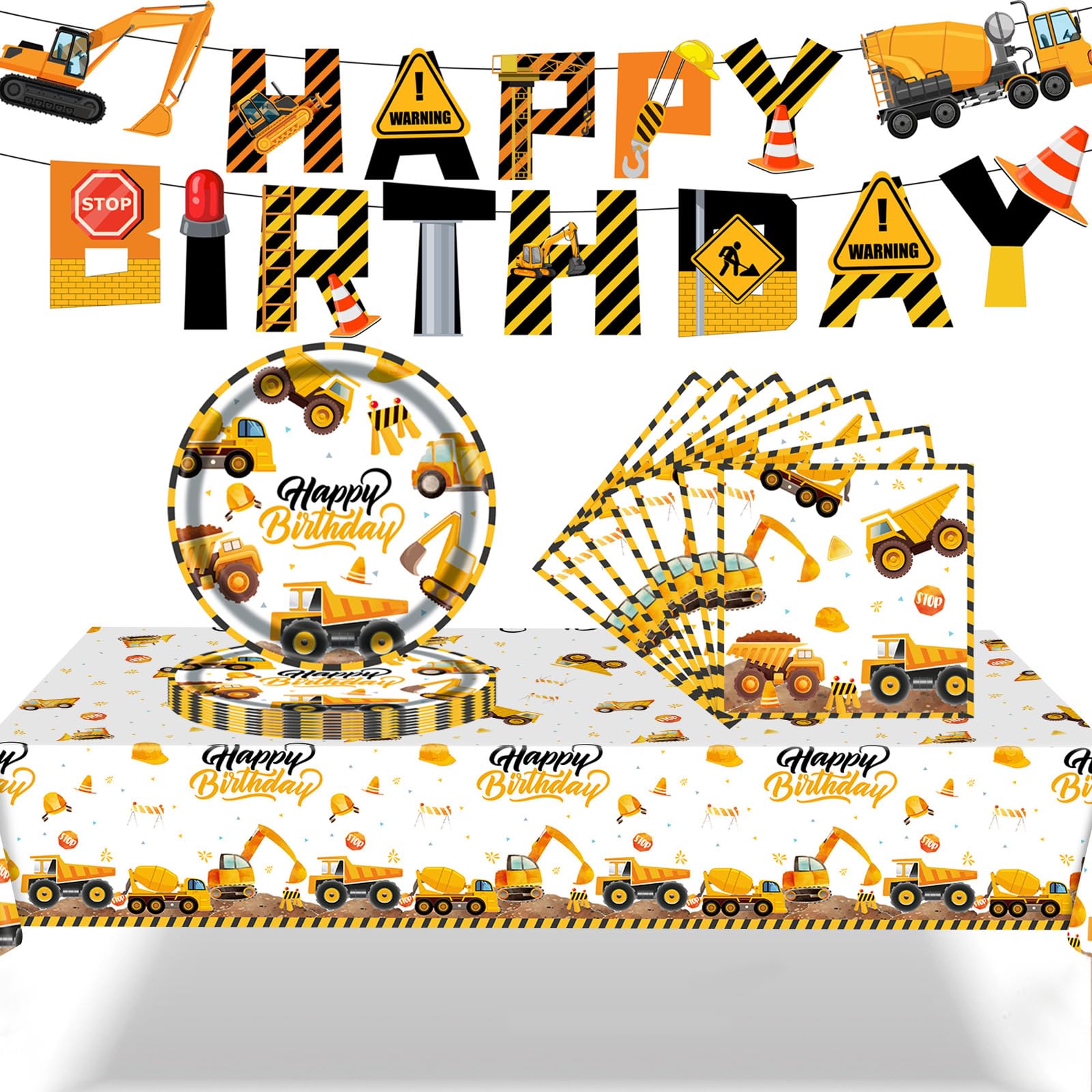 POPOYU 52Pcs Digger Party Tableware Set for Boys, Excavator Birthday Decorations for Kids,Happy Birthday Digger Dinnerware Set with Paper Plates Napkins Tablecloth Banner Party Supplies for 16 Guests