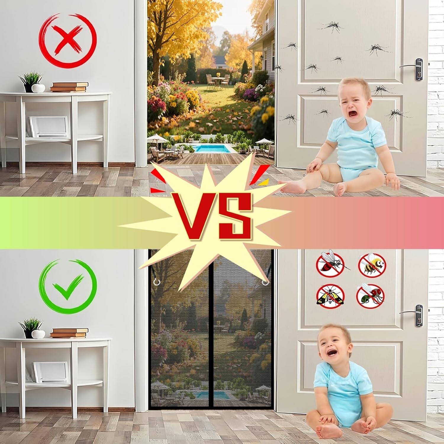 網戸カーテン 窓用 スクリーン 140 x 270 cm 高密度メッシュ,節電,子供とペットに優しい蚊防自動閉鎖昆虫侵入防止多サイズ