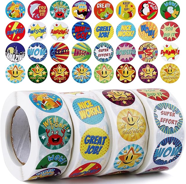 2000Pcs Reward Stickers for School Teacher Stickers 4 Rolls Star Cartoon Motivational Praise Stickers 32 Patterns for Teachers Student Kids