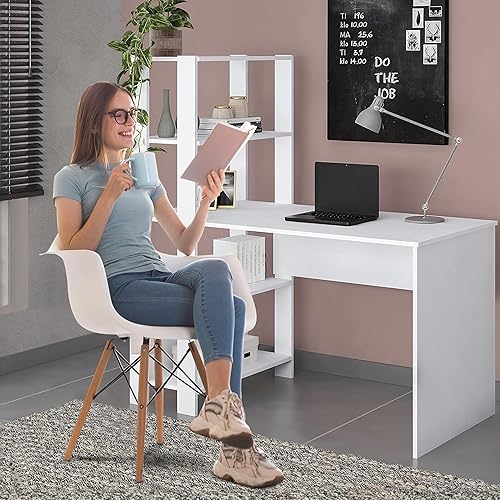 Miniatura 7 de Escritorio blanco con almacenamiento - Este escritorio con estantes es un escritorio perfecto para dormitorio o escritorios de oficina en casa.