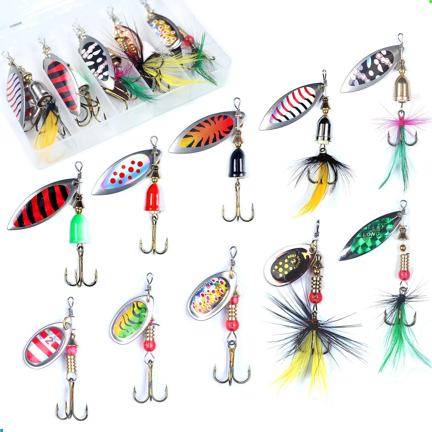 EXAURAFELIS 10/30pcs Fishing Lure Spinnerbait with Feathered Treble Hooks Rooster Tail Fishing Lures Spoon Lures for Bass Salmon Trout Spinner Baits with Tackle Box