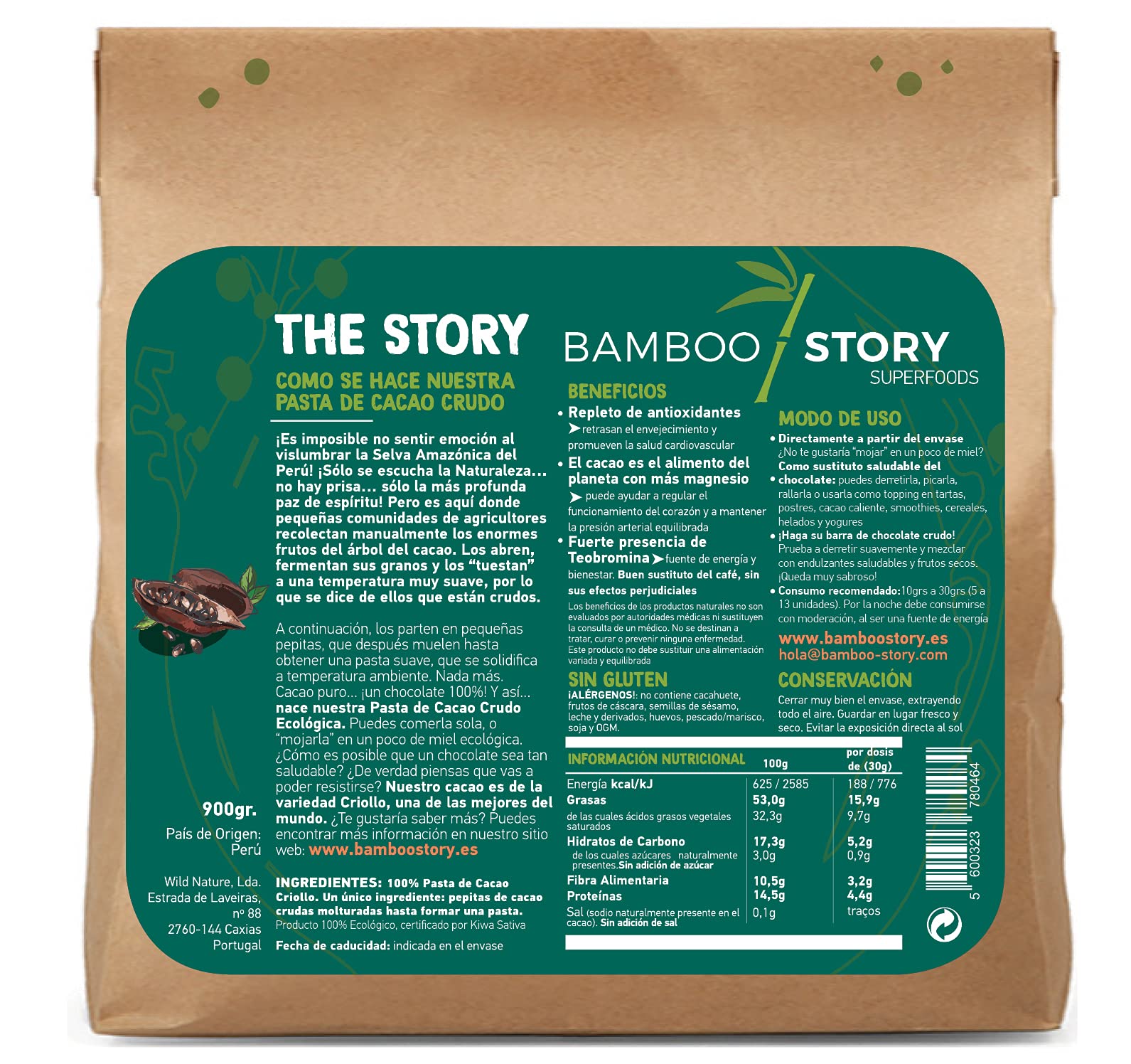 Crudo | BAMBOO STORY | Pasta Cacao en Obleas | Criollo | Ecológico/BIO | 100% Cacao | Sin Azúcar | 900 g | Origen 100% Perú