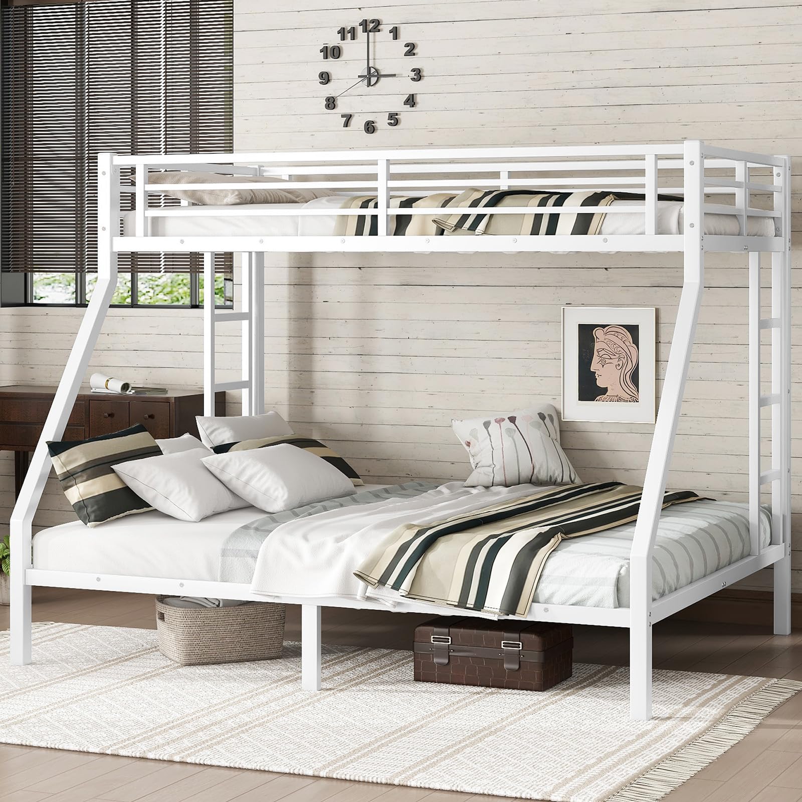 Twin XL Over Queen Bunk Bed,Heavy Duty Metal Bunk Bed Frame for Adults,2 Side Ladder,Guardrail,Space-Saving,Noise Reduced,No Box Spring Needed,Black (White, Twin XL Over Queen)