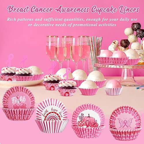 Miniatura 4 de SANNIX Revestimientos para cupcakes para concientización sobre el cáncer de mama, 450 piezas de cinta rosa para hornear, envoltorios de papel para
