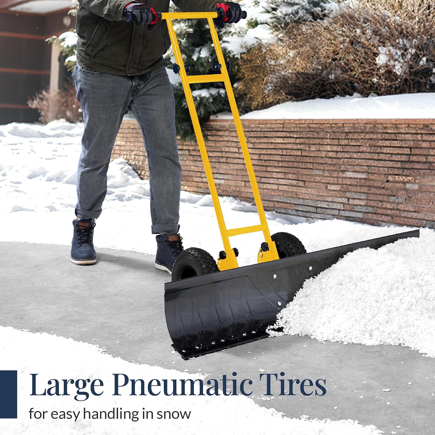 Best Choice Products 48in Heavy-Duty 2-Wheel Snow Pusher Hand Plow for Snow Removal w/Wheels, Adjustable Handle, Blade Angle - Yellow