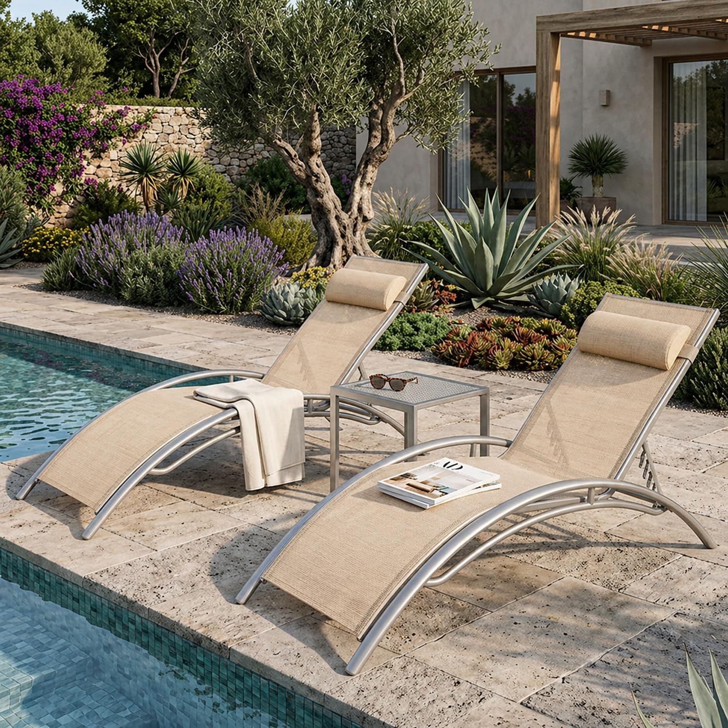 Set 2 Lettini Prendisole Reclinabili Con Schienale Regolabile 5 Posizioni Traspirante Per Piscina Terrazza Relax Outdoor 59 x 158 x 81.5 Cm Beige