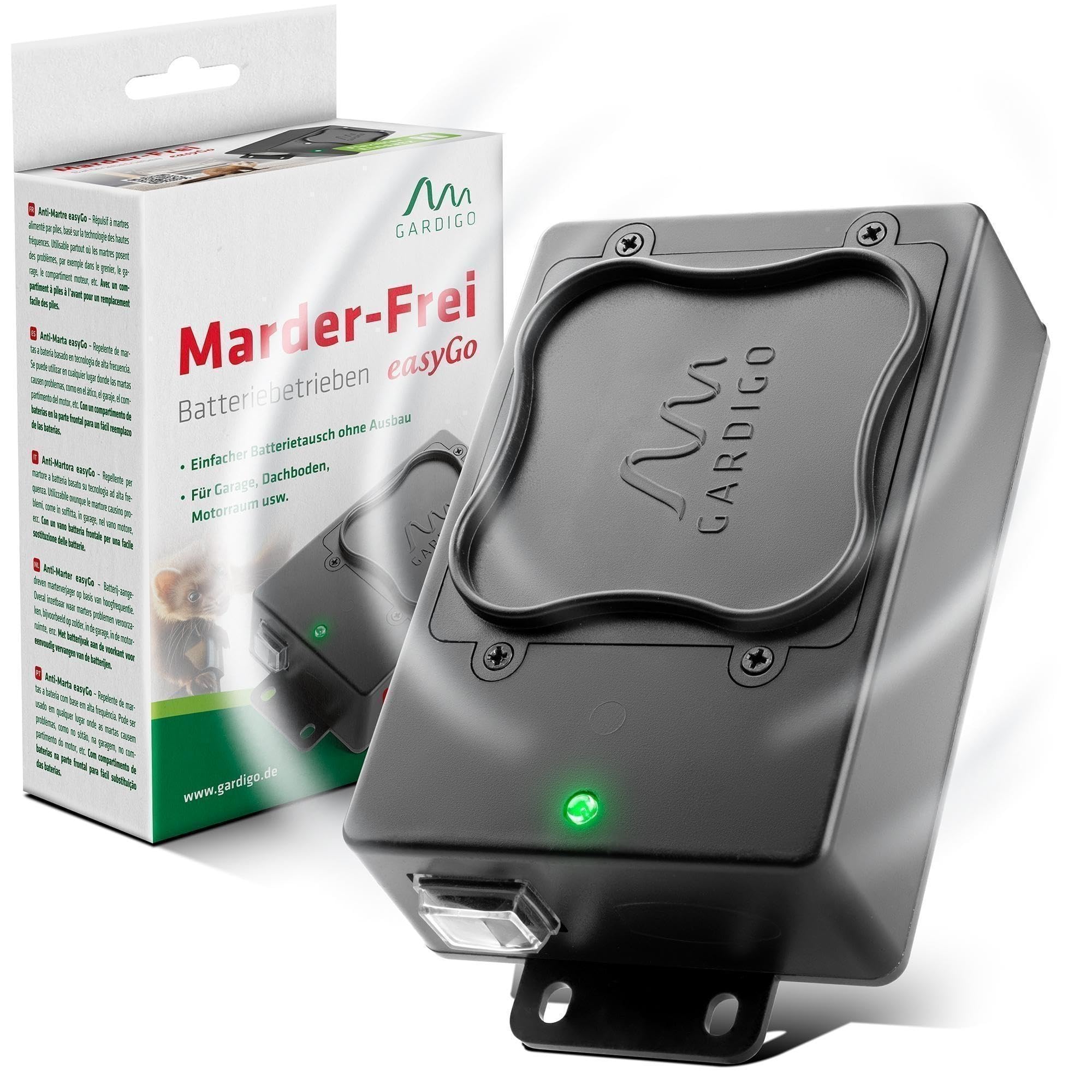 Gardigo® Marderschreck Auto Batteriebetrieben | Ultraschall Marderabwehr | 12-24 kHz | Batterietausch ohne Ausbau | Mobiler Marderschutz für KFZ, Motorraum, Dachboden, Haus | Marder vertreiben