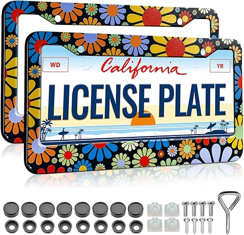 LIN KANG Marco de matrícula de flores hippie coloridas, paquete de 2 soportes para placa de automóvil para mujer, bonitos marcos decorativos de