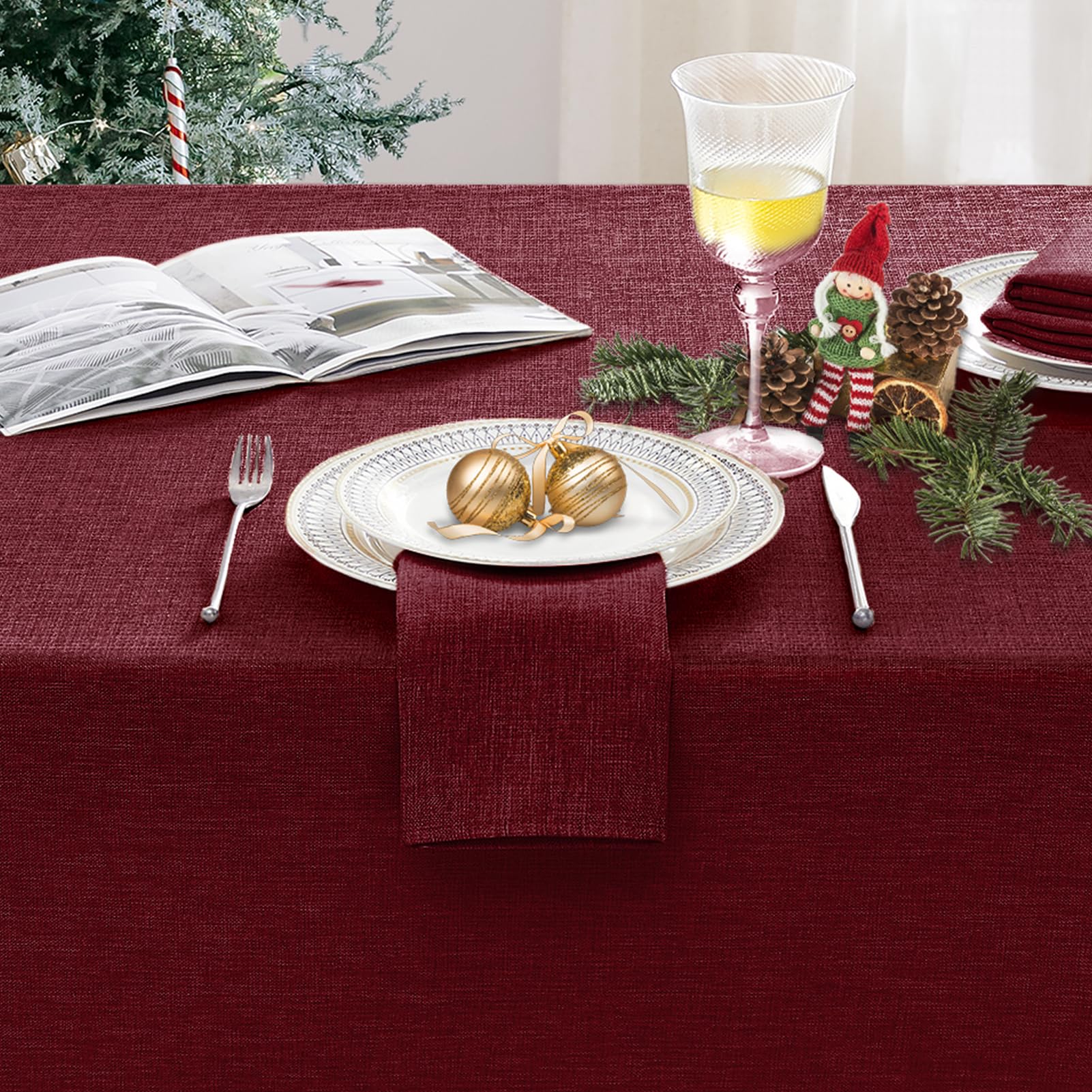 Softalker Tovaglia natale elegante 140x100 cm quadrata centrotavola Tovaglia antimacchia moderna rosso Tovaglie in finto lino decorativa per natalizia, esterno feste, compleanno, cucina, 1 pezzo