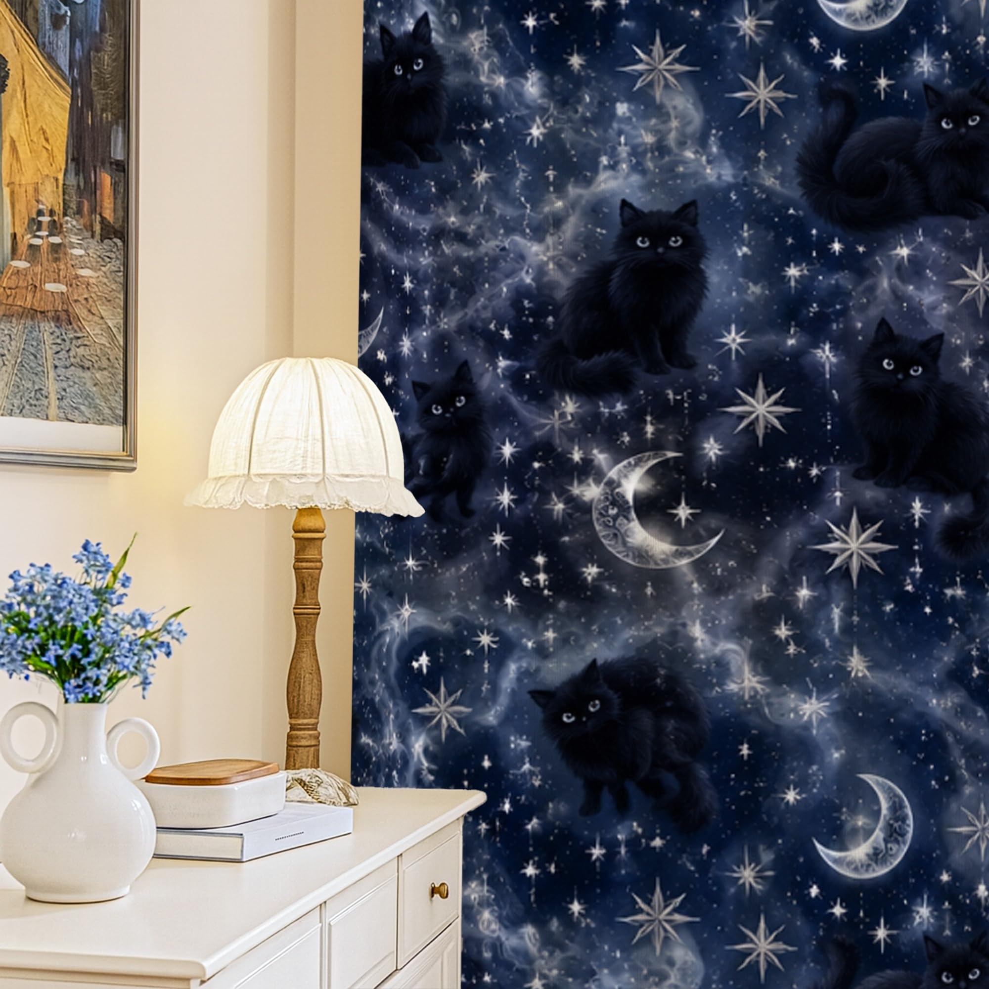 Rideaux occultants lavables en machine bleu marine motif chat et lune pour grand sommeil