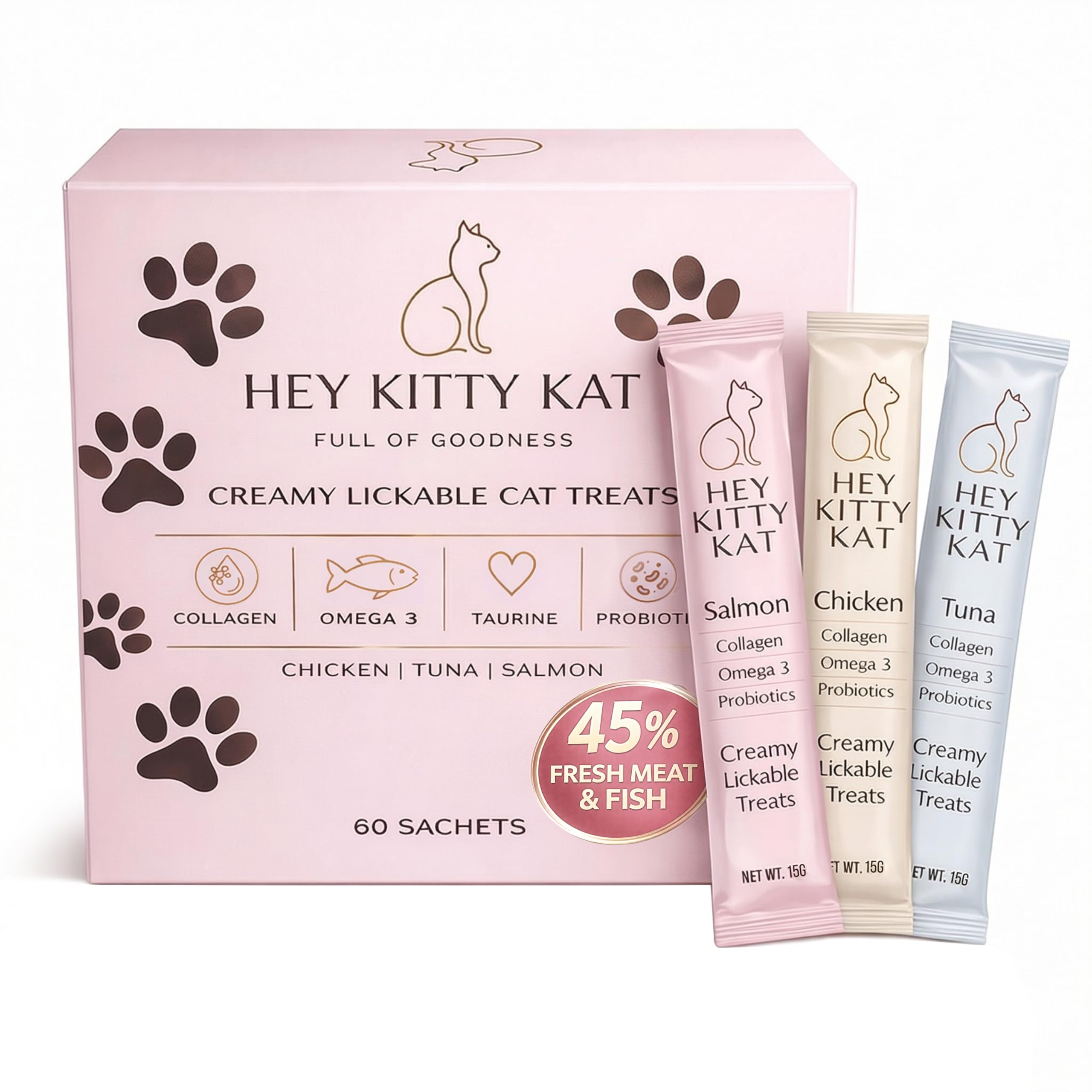 Hey Kitty Kat Premium Creamy Healthy Lickable Cat Treats, Grain Free Cat Licks, Chicken Tuna Salmon Variety Pack, 60 Tubes, with Taurine Omega 3 and Probiotics