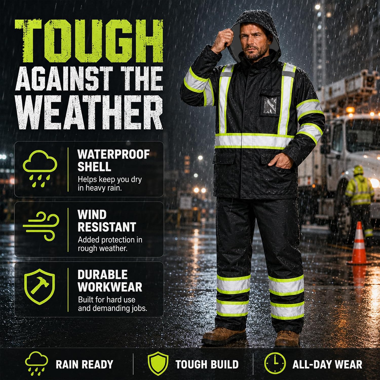 Rain Suits for Men Waterproof Reflective High Visibility Rain Gear Mens Heavy Duty, Hi Vis Rain Jacket & Pants with Black Bottom Class 3 ANSI/ISEA Compliant, Black L/XL
