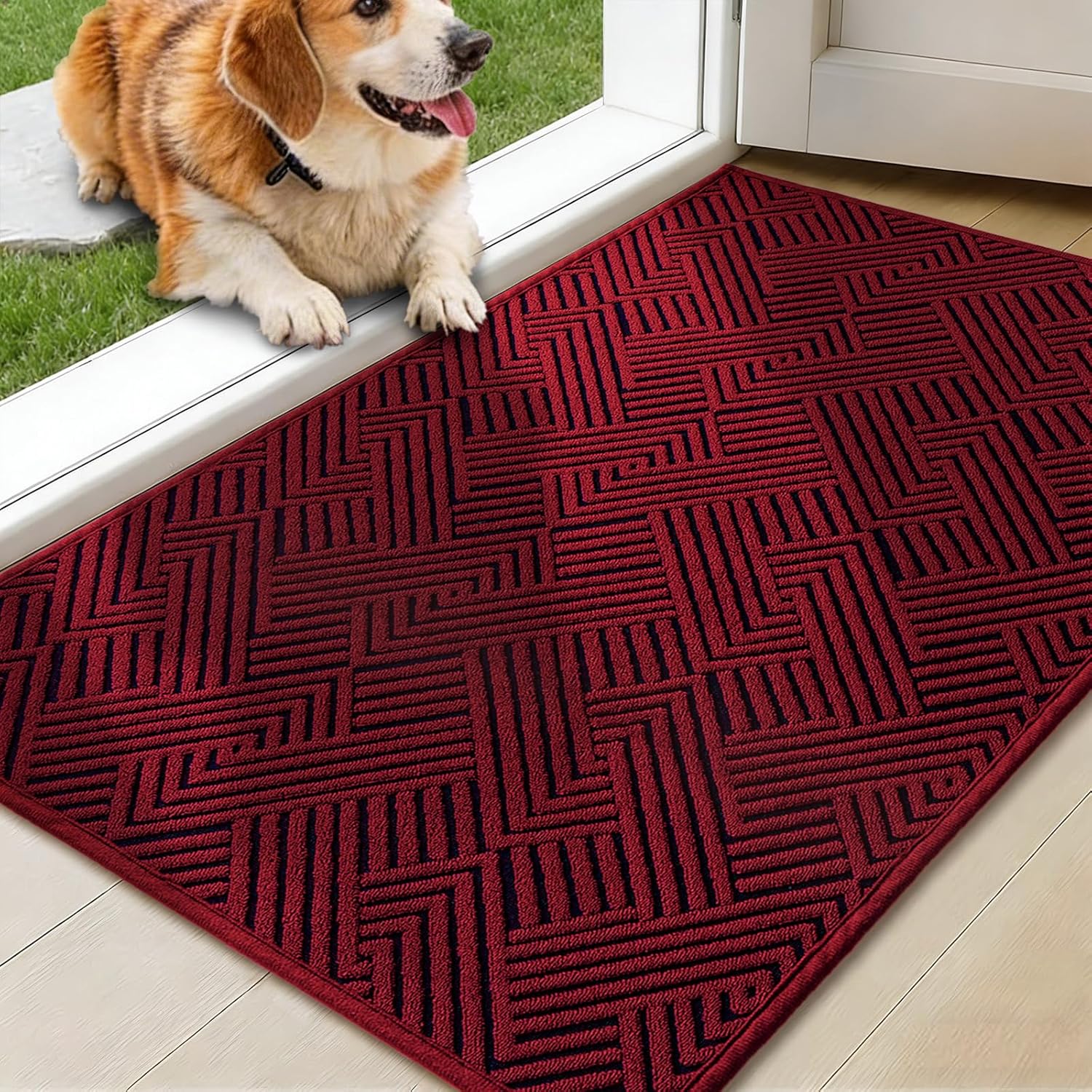 YIHOUSE Dirt Trapper Door Mat 20" x 32", Non-Slip Washable Entrance Mat, Dirt Resistant and Absorbent Welcome Mat, Low Profile Floor Mat for Front/Back Door, Entryway, Red