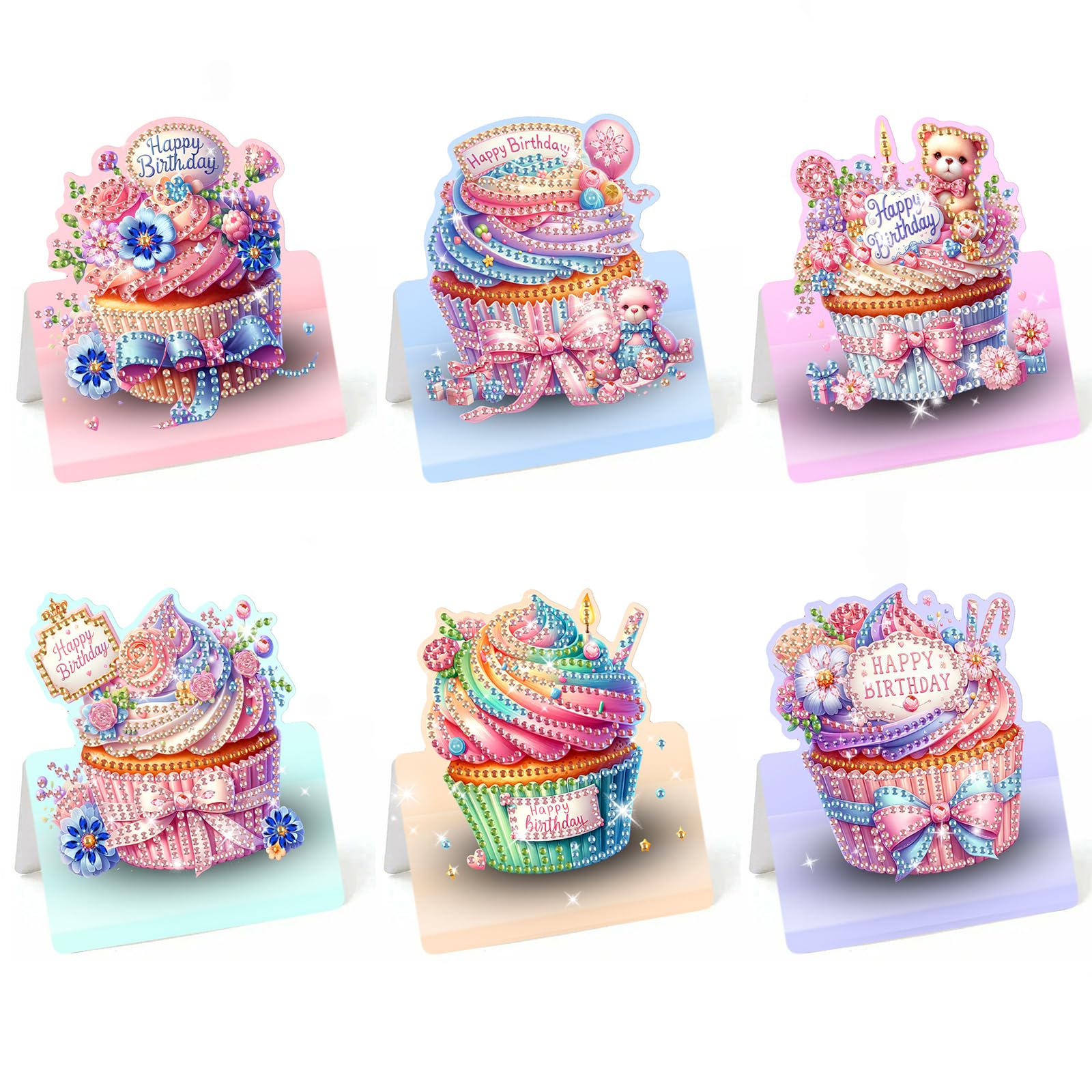 Lebartm 6Pcs 3D Folding Happy Birthday Greeting Card DIY Diamond Art Painting Foldable Thank You Cards with White Envelopes Blessing Greeting Card Set for Festival Holiday-Cupcake