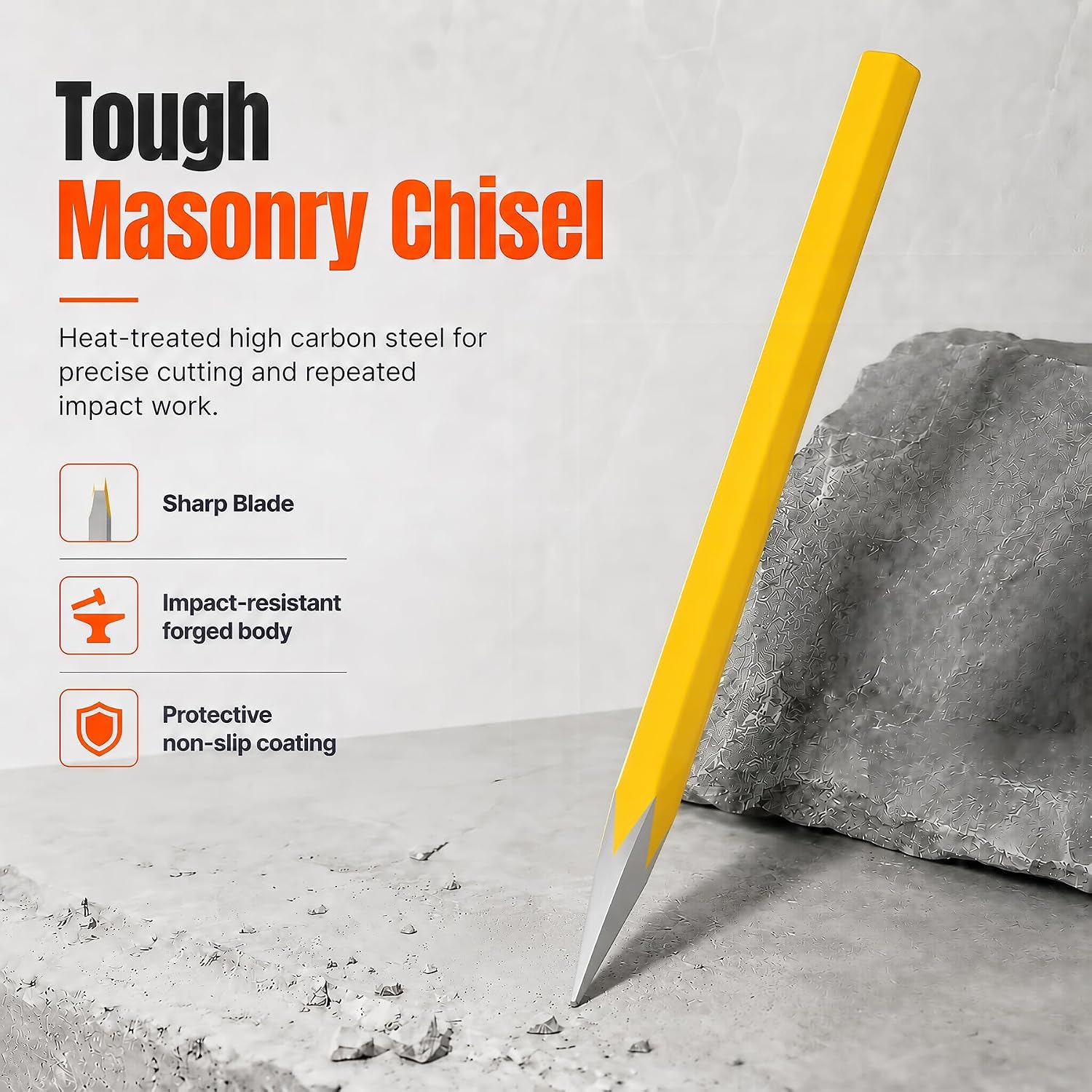200mm/7.9" Hex Shank Cold Chisel, Point Head High Carbon Steel Masonry Chisel Heavy Duty for Carving Demolishing Concrete Mortar Stone Brick (Yellow)20mm shank