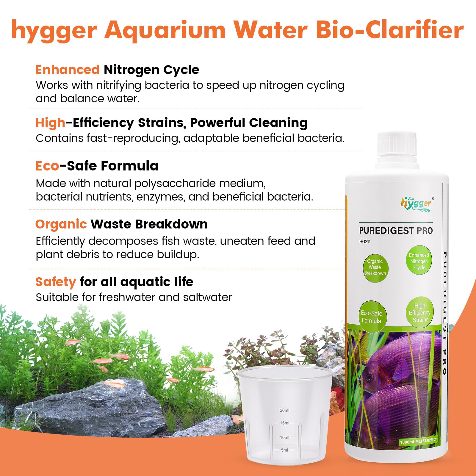 hygger Bio-clarificador de agua de acuario, reduce el desperdicio de peces y limpieza de lodos orgánicos, solución natural de gestión de residuos para acuarios de agua dulce y salada, 1000 ml