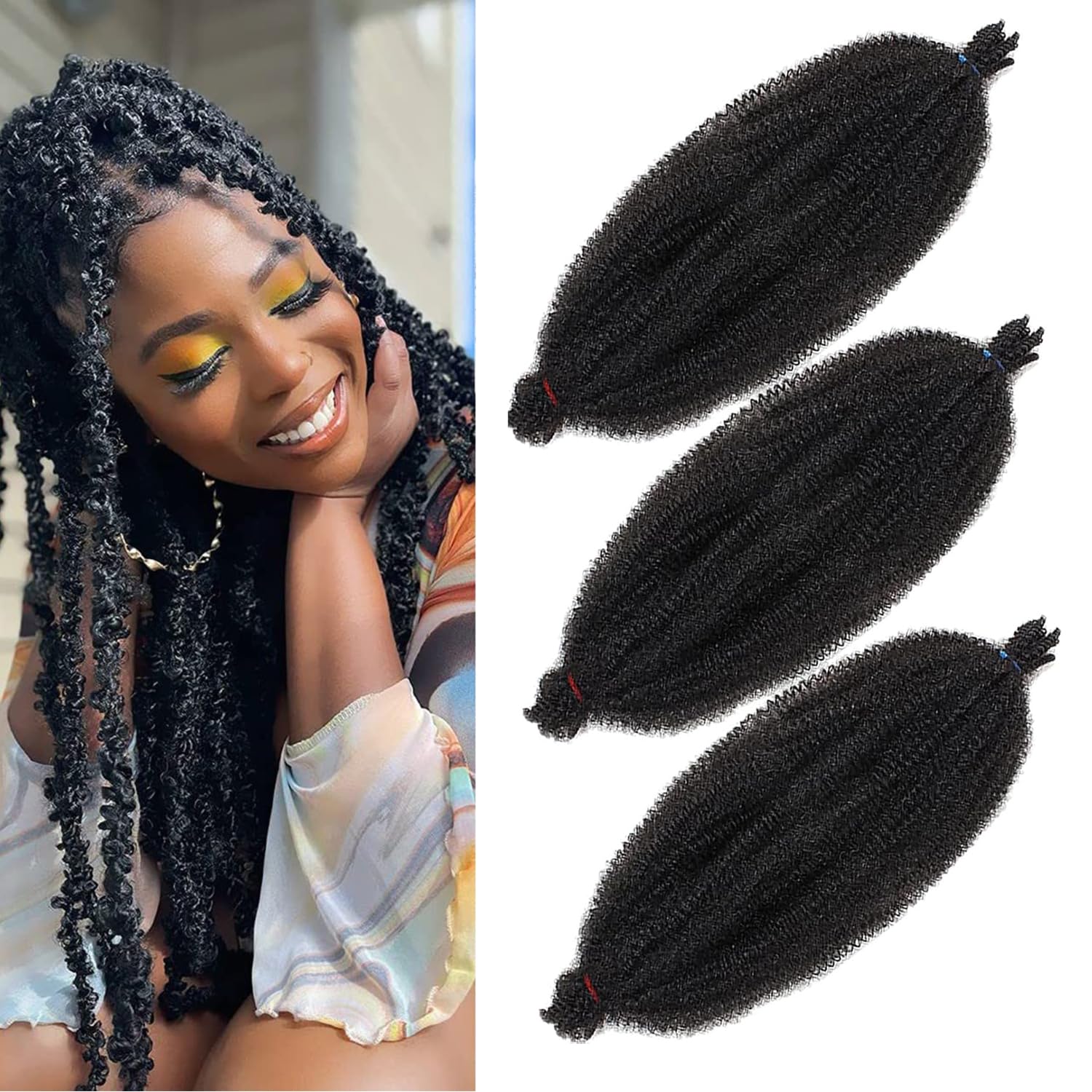 Mscat 16 Inch Pre-Separated Springy Afro Twist Hair 3 Packs Natural Black Marley Twist Crochet Braiding Synthetic Hair Extensions (8 Strands/Pack,1B#)