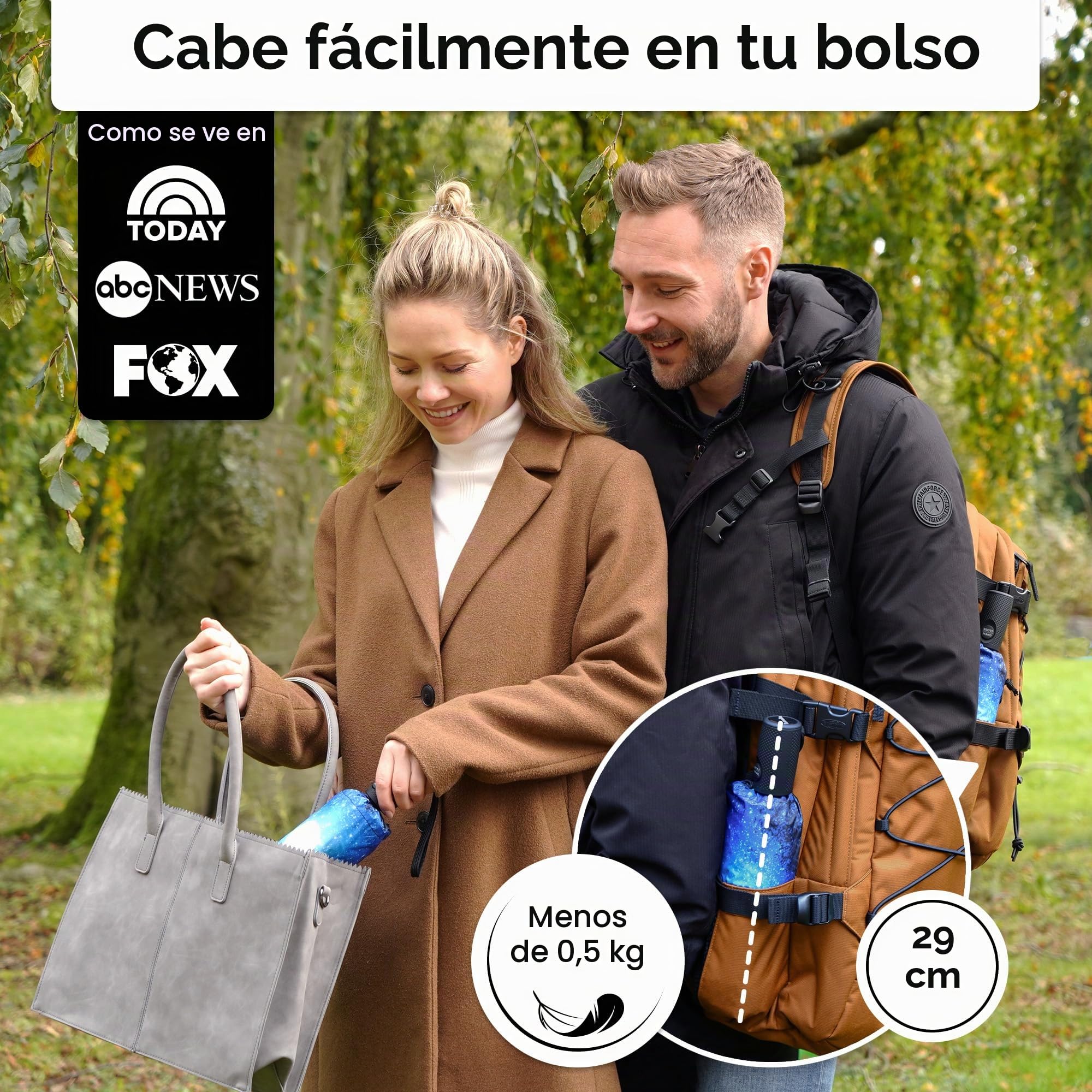 TUMELLA Paraguas de viaje compacto resistente al viento, pequeño paraguas fuerte pero ligero, portátil, plegable, apertura automática, agarre sólido, adecuado para coche y mochila, 42 pulgadas, Luz de