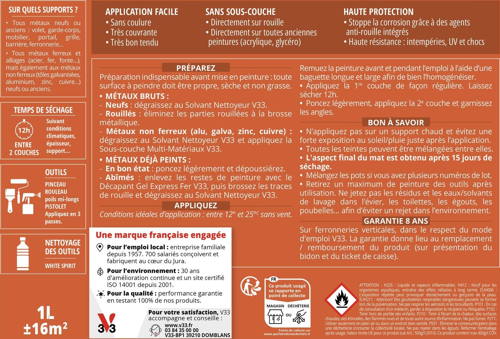 V33 Peinture fer Direct Protect - Noir RAL 9005 Mat - 0,5L