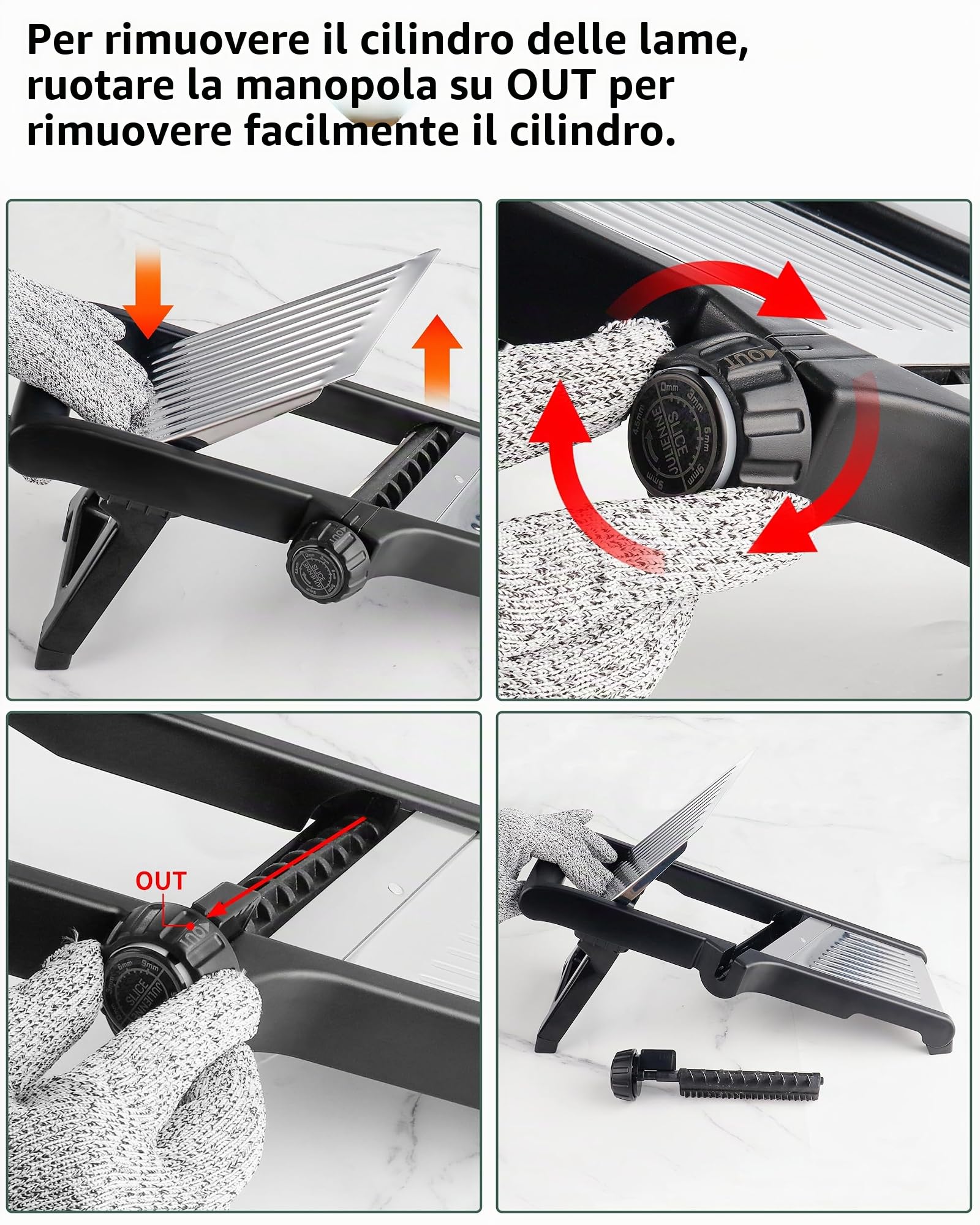 Affettatrice mandolino 5 in 1, regolabile in acciaio inox, taglierina vegetale, affettatrice pomodoro, taglierina frutta e onione, inclusi guanti resistenti