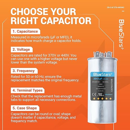 Vista 13 de BlueStars 2 paquetes 35+5 uF 35/5 MFD 370/440VAC condensador redondo de doble funcionamiento, para arranque del motor del ventilador de unidad de CA
