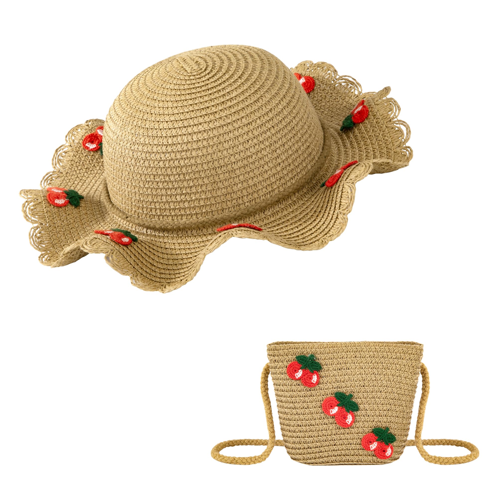 HONGXIN-SHOP Sombrero y Bolso Niñas Sombrero de Paja Anti UV Gorra de Sol con Decoracion de Cereza Gorro de Playa para Verano Playa Viaje